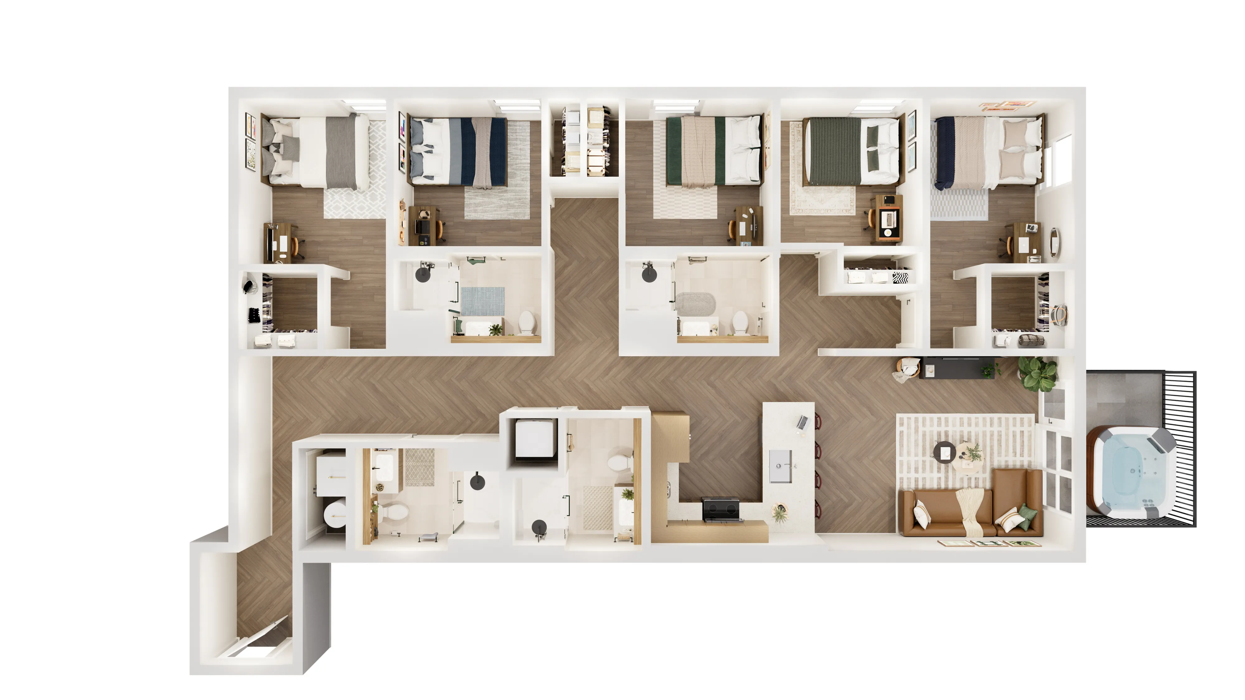 Elegant 3D floor plan showcasing 5 bedrooms, modern kitchen, open living area, and a cozy balcony with a hot tub, perfect for stylish living.