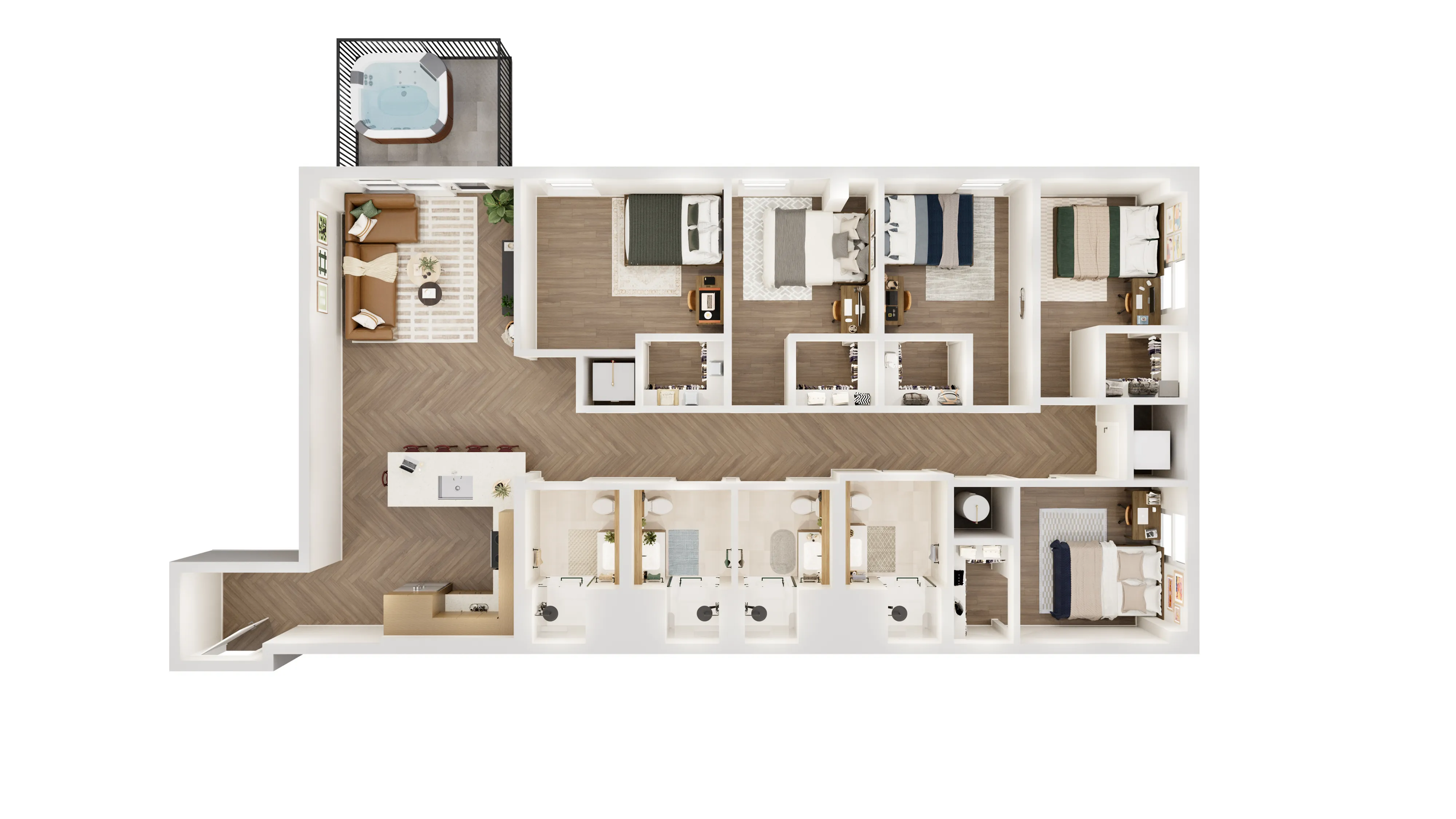 Luxurious floor plan showcasing 5 bedrooms, a spacious open-concept living area, and a modern kitchen with island, complemented by an inviting balcony with a hot tub.