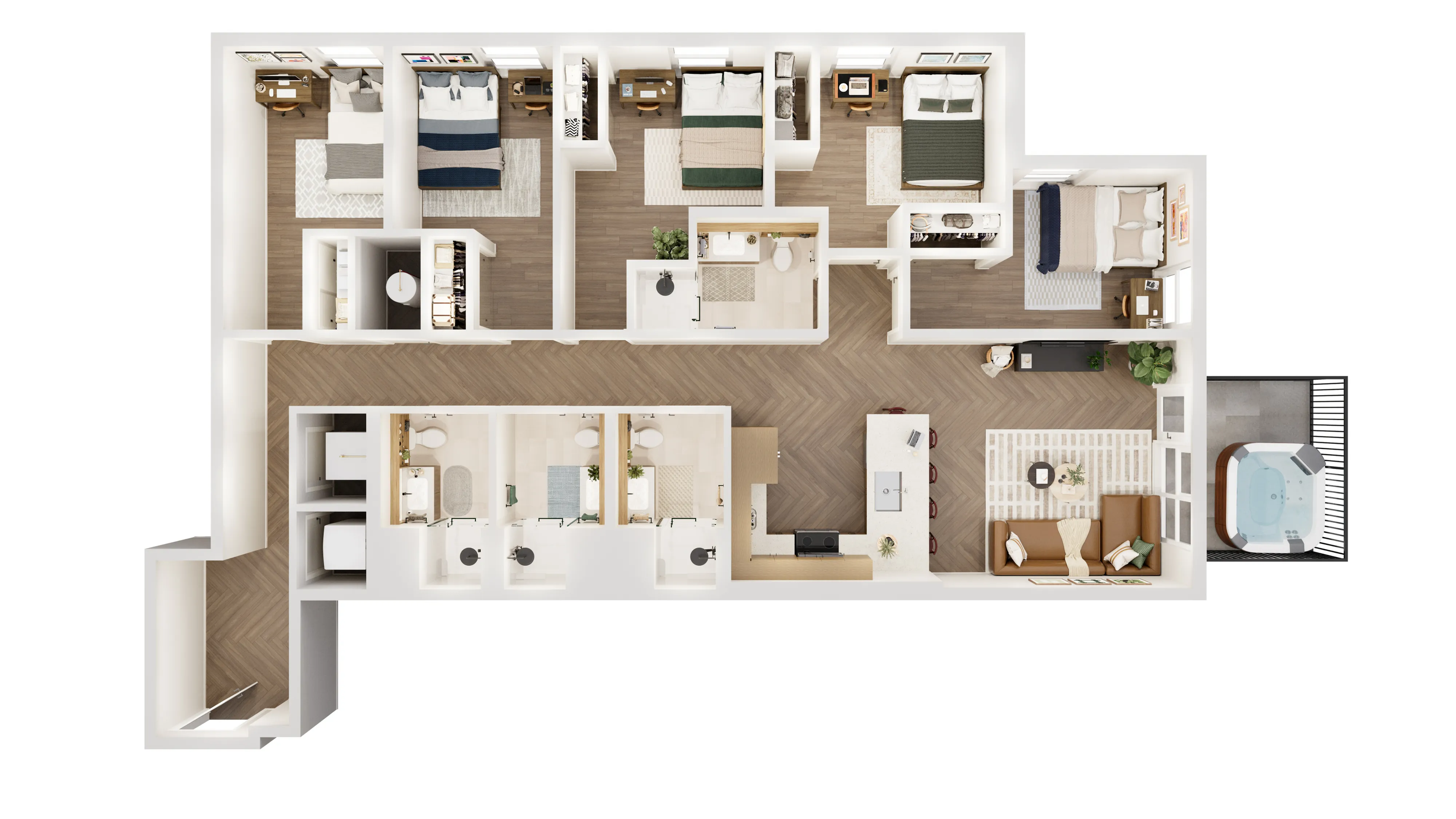 Elegant 3D floor plan showcasing 5 spacious bedrooms, modern kitchen with island, cozy living area, 2 bathrooms, and outdoor patio with hot tub.