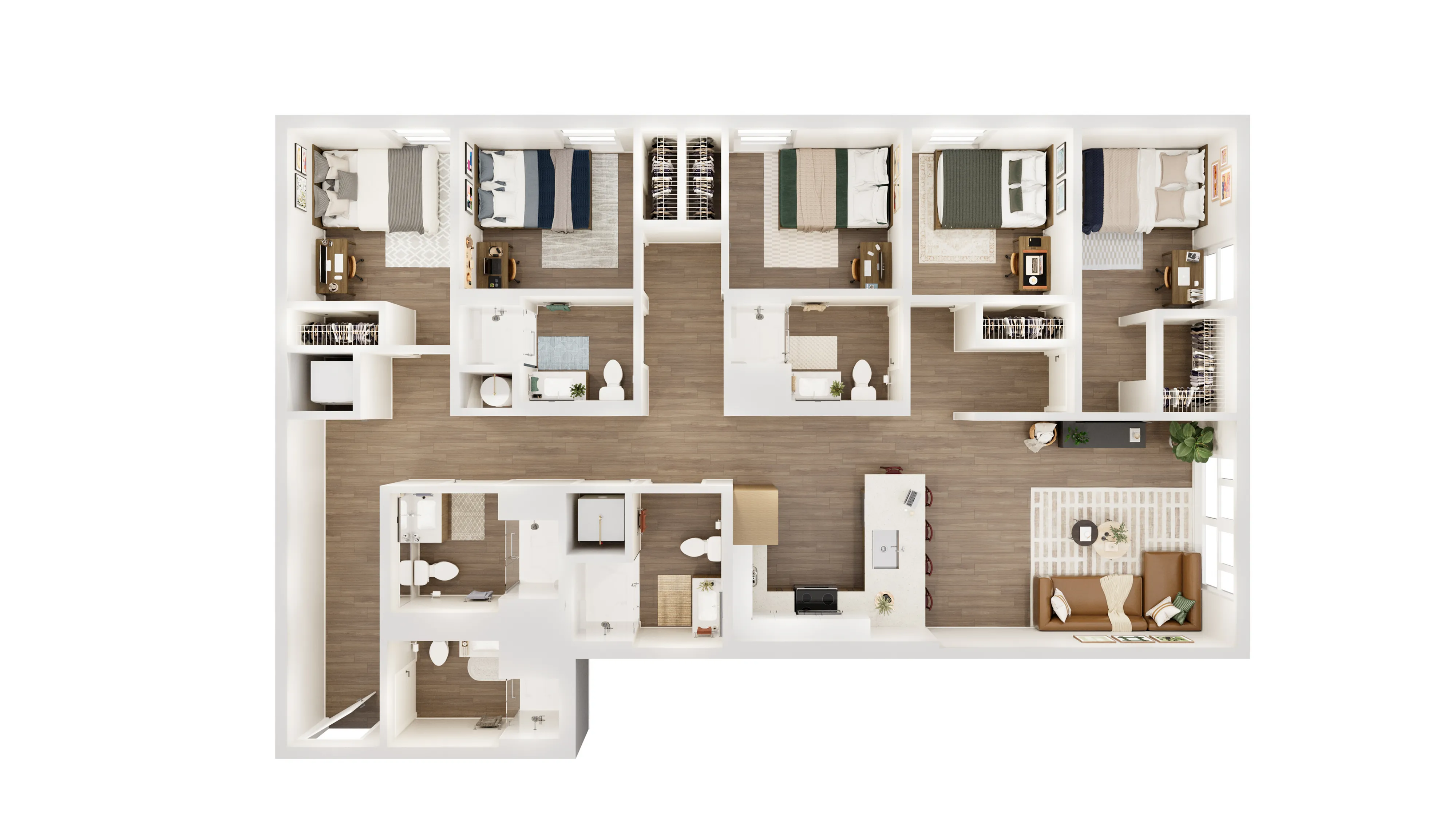 Elegant floor plan showcasing a modern 5-bedroom apartment with a spacious living area, sleek kitchen, and stylish furnishings.