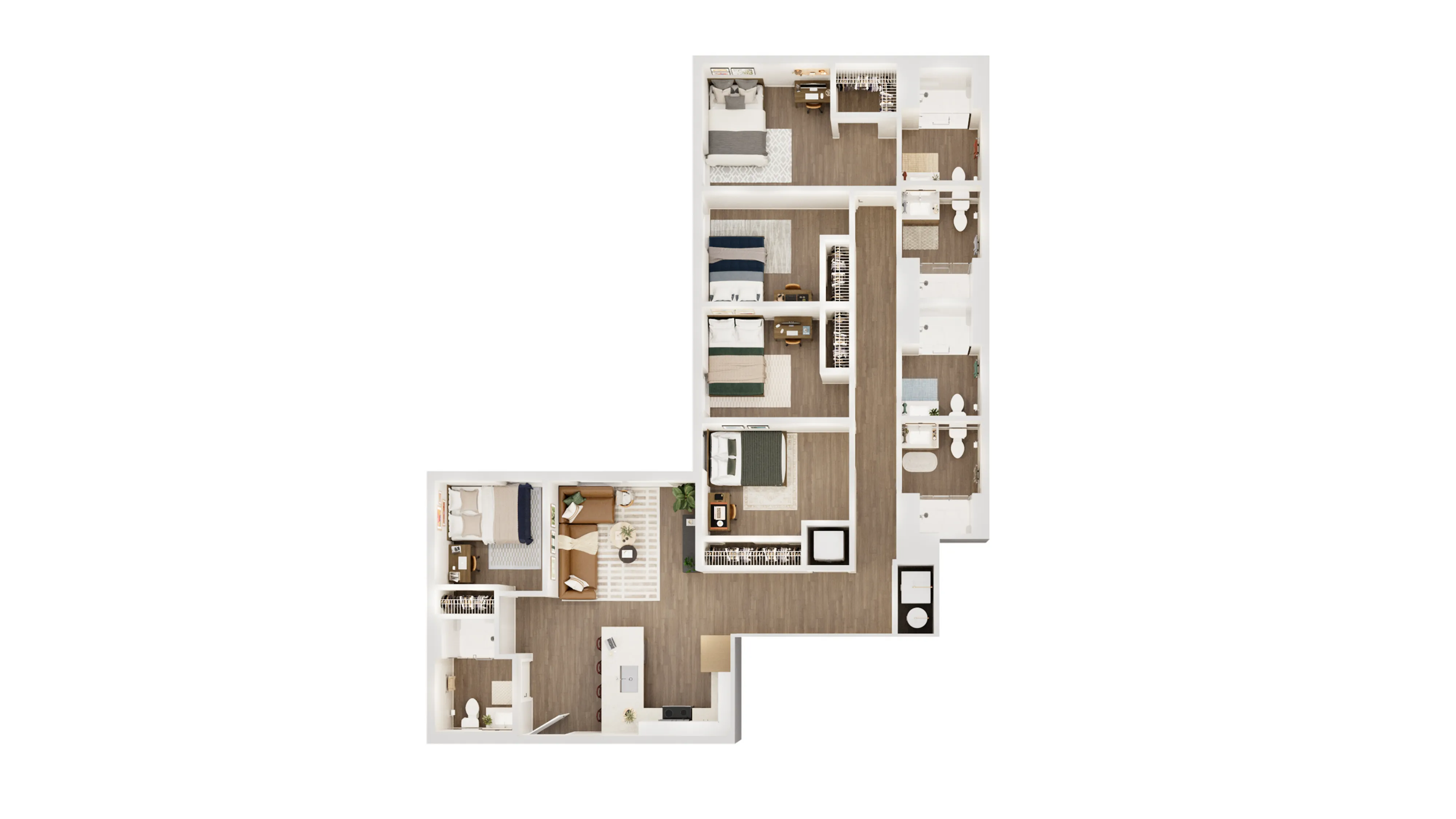 Modern L-shaped floor plan featuring five bedrooms, an inviting open-concept living area, and a sleek kitchen layout.