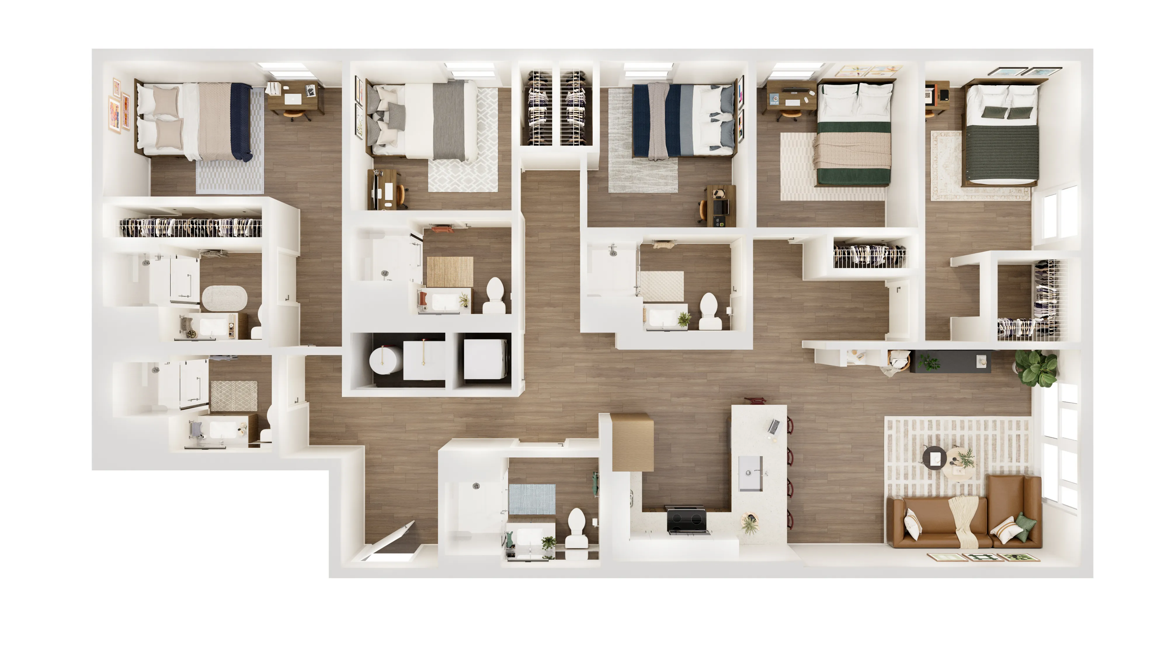Modern and expansive floor plan showcasing five bedrooms, five sleek bathrooms, a gourmet kitchen with island, and an open-concept living and dining area, perfect for contemporary living.