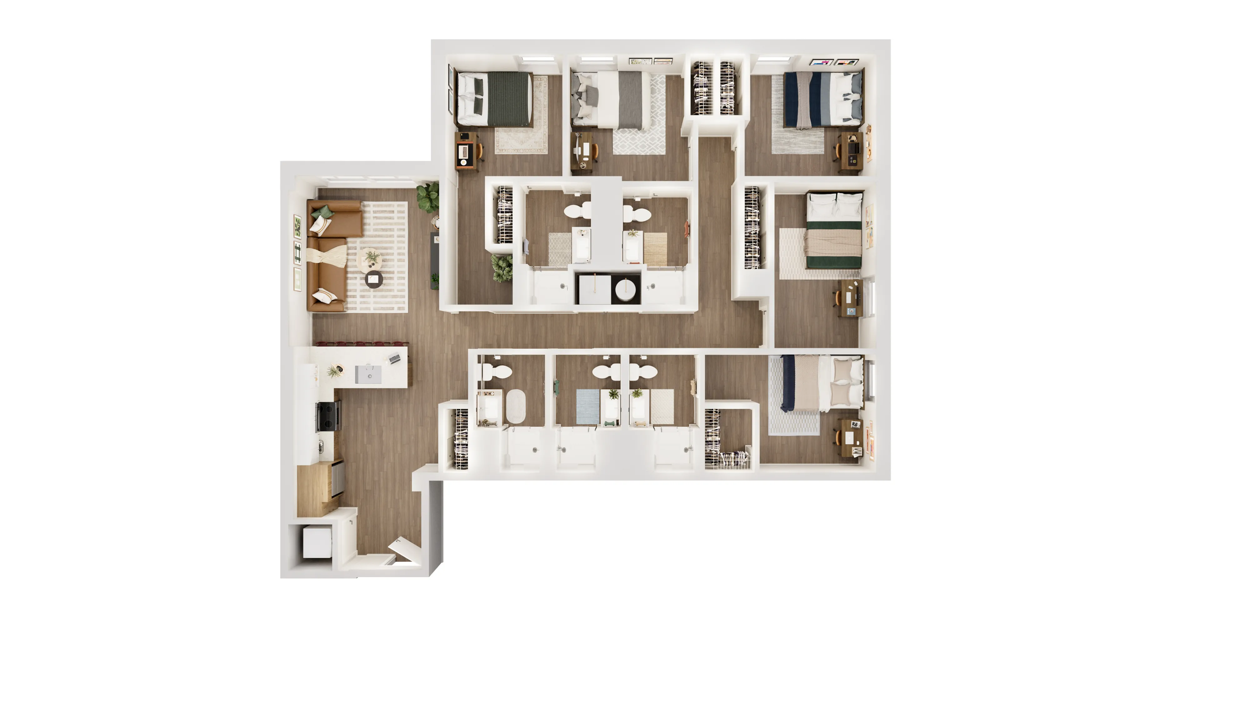 Modern 3D floor plan showcasing 5 bedrooms, spacious living area, and open-concept kitchen.