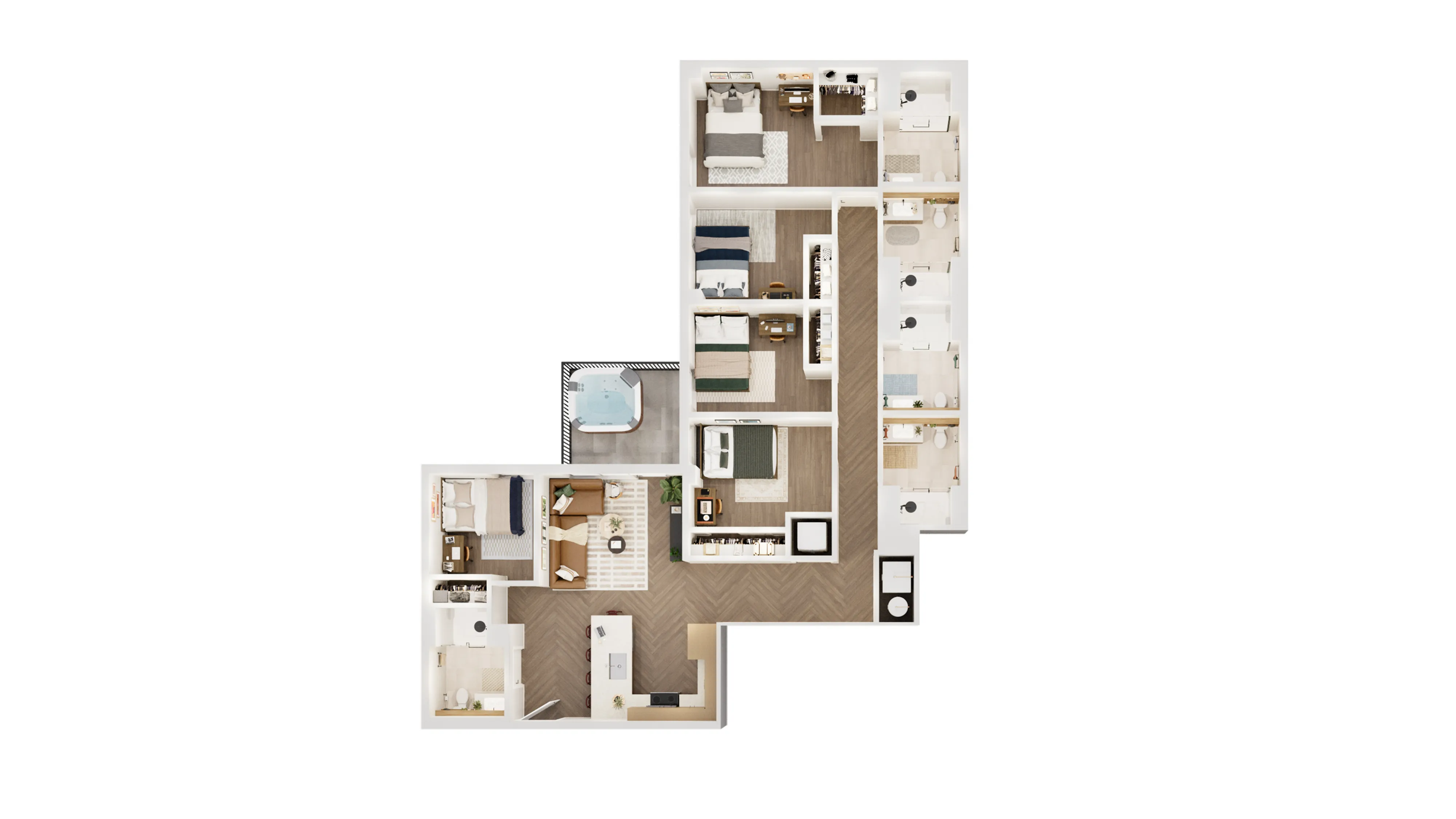 Modern L-shaped floor plan showcasing 5 bedrooms, a cozy living area, stylish kitchen, and luxurious terrace.