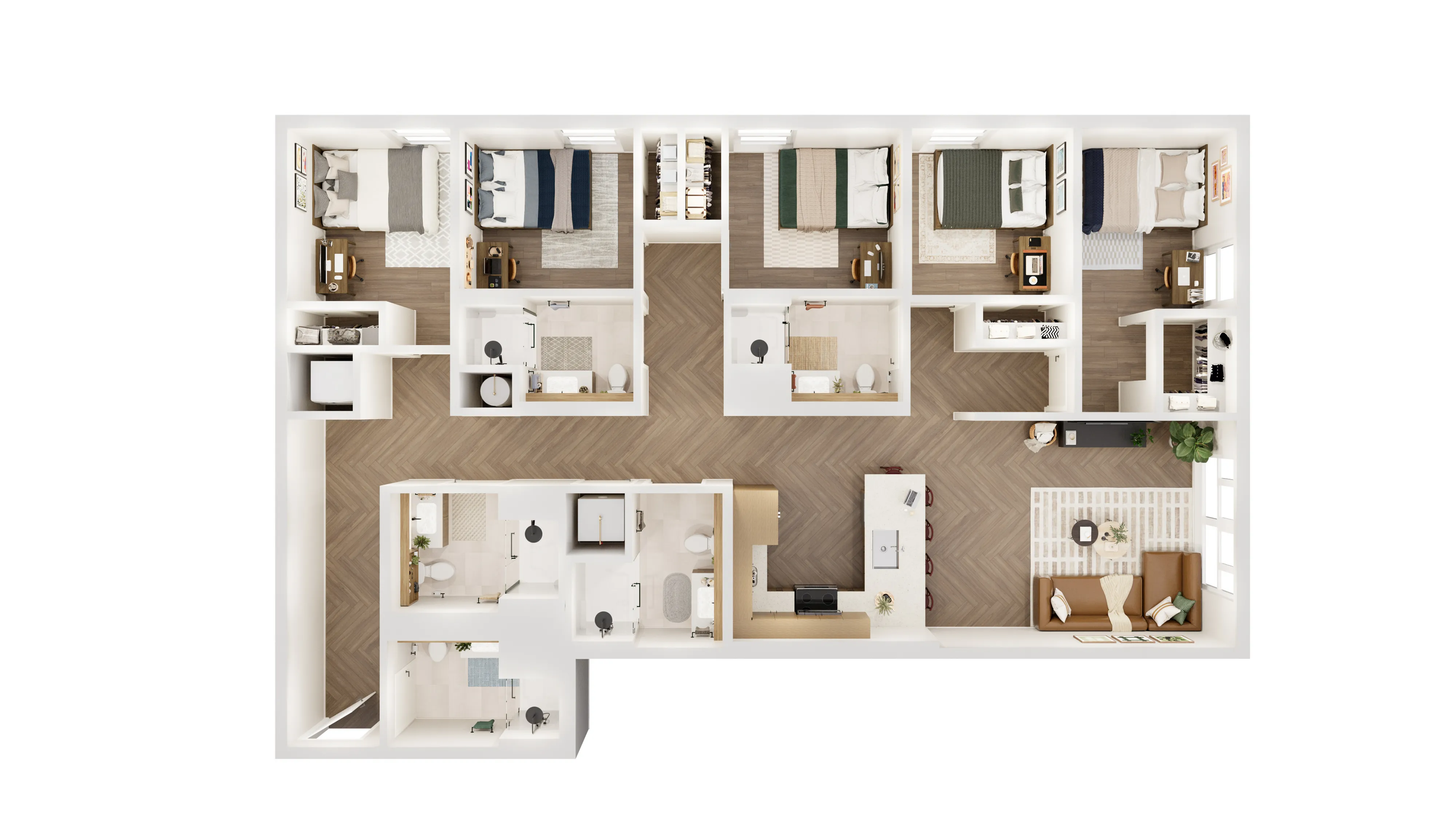 Spacious 3D apartment floor plan with five bedrooms, modern kitchen, cozy living area, and elegant dual bathrooms.
