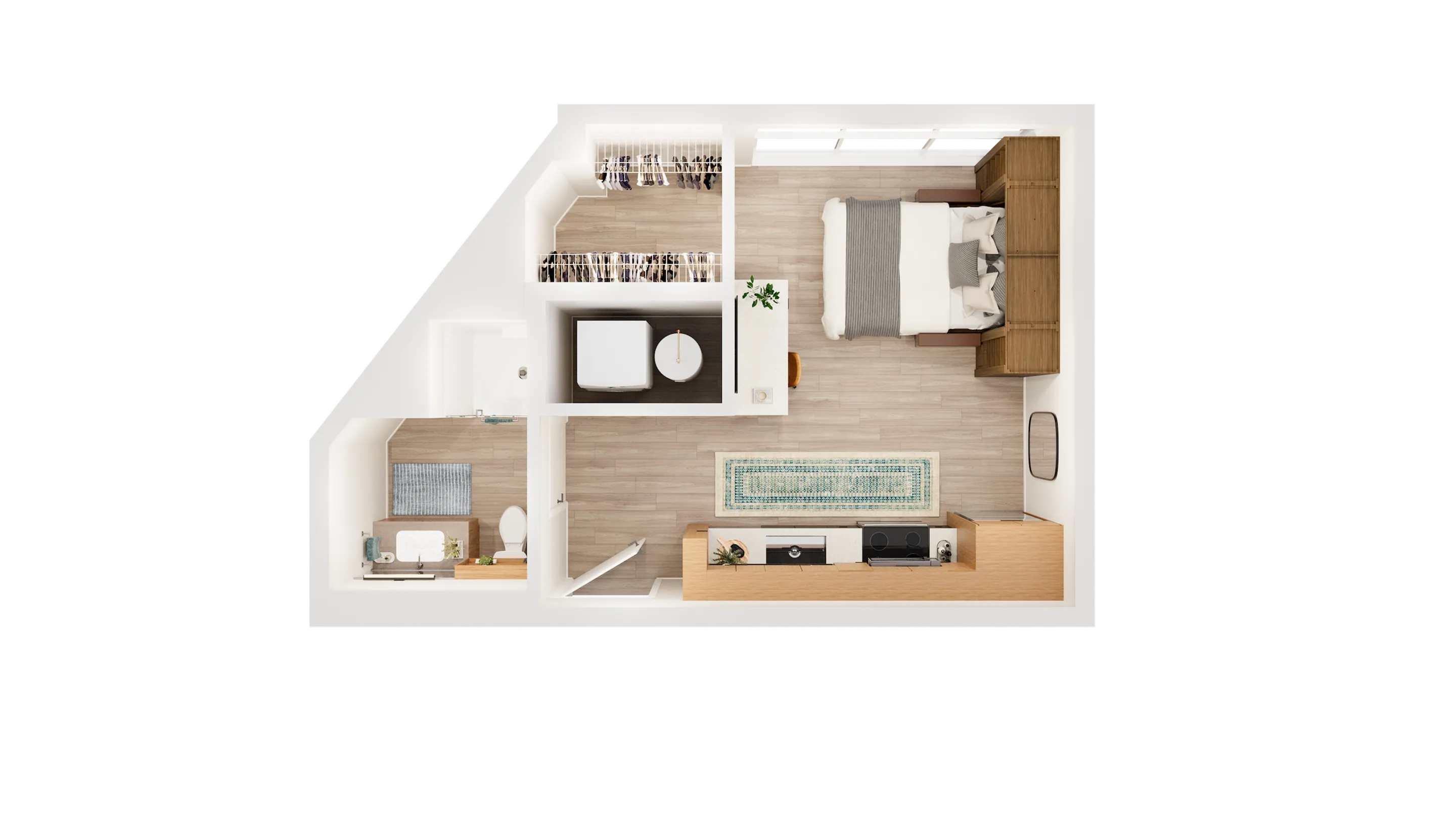 Modern floor plan of a cozy studio featuring a comfortable bedroom, compact living space, and efficient kitchenette design.