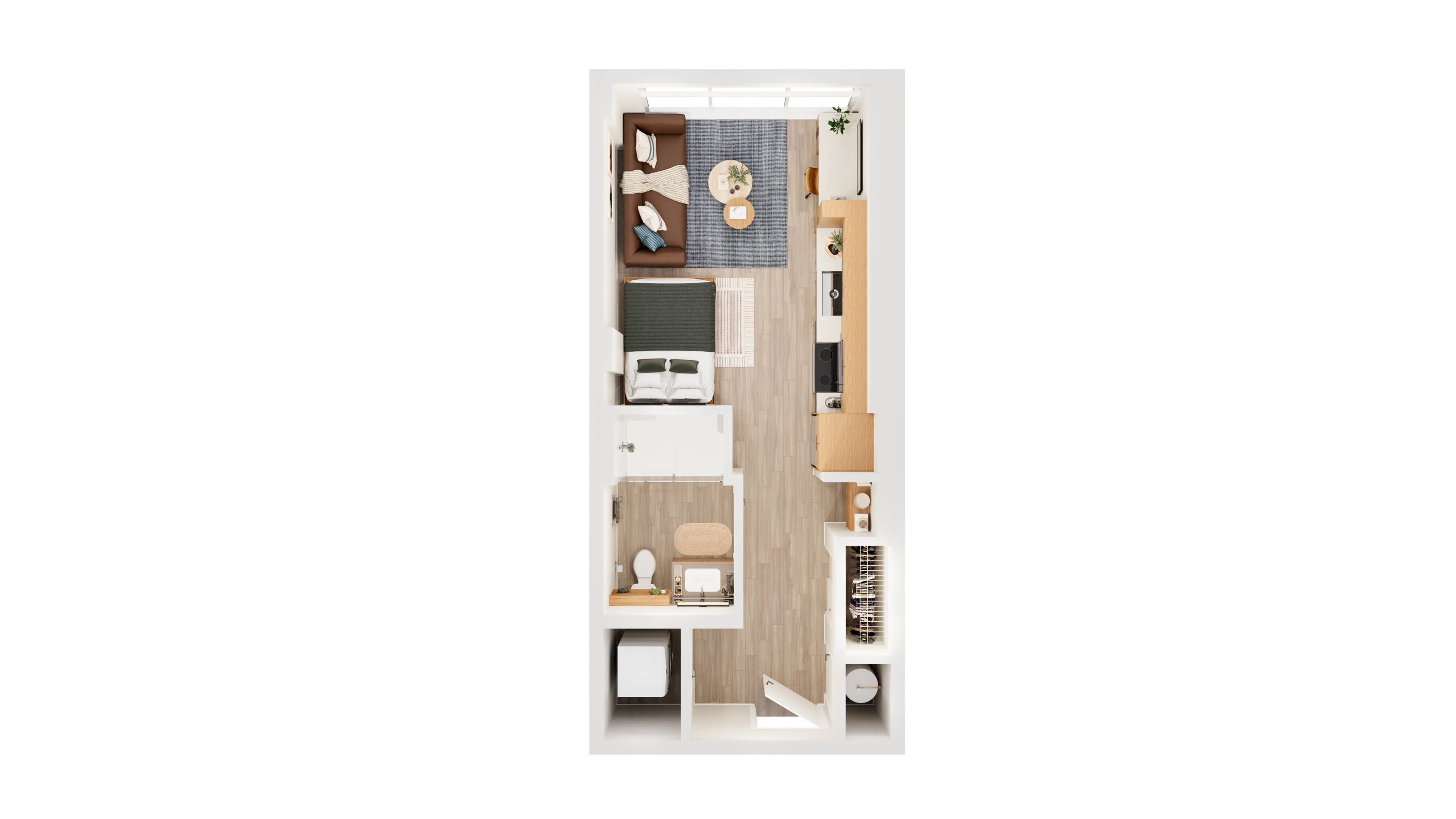 Chic studio apartment floor plan with cozy living area, modern kitchen, and elegant bathroom.