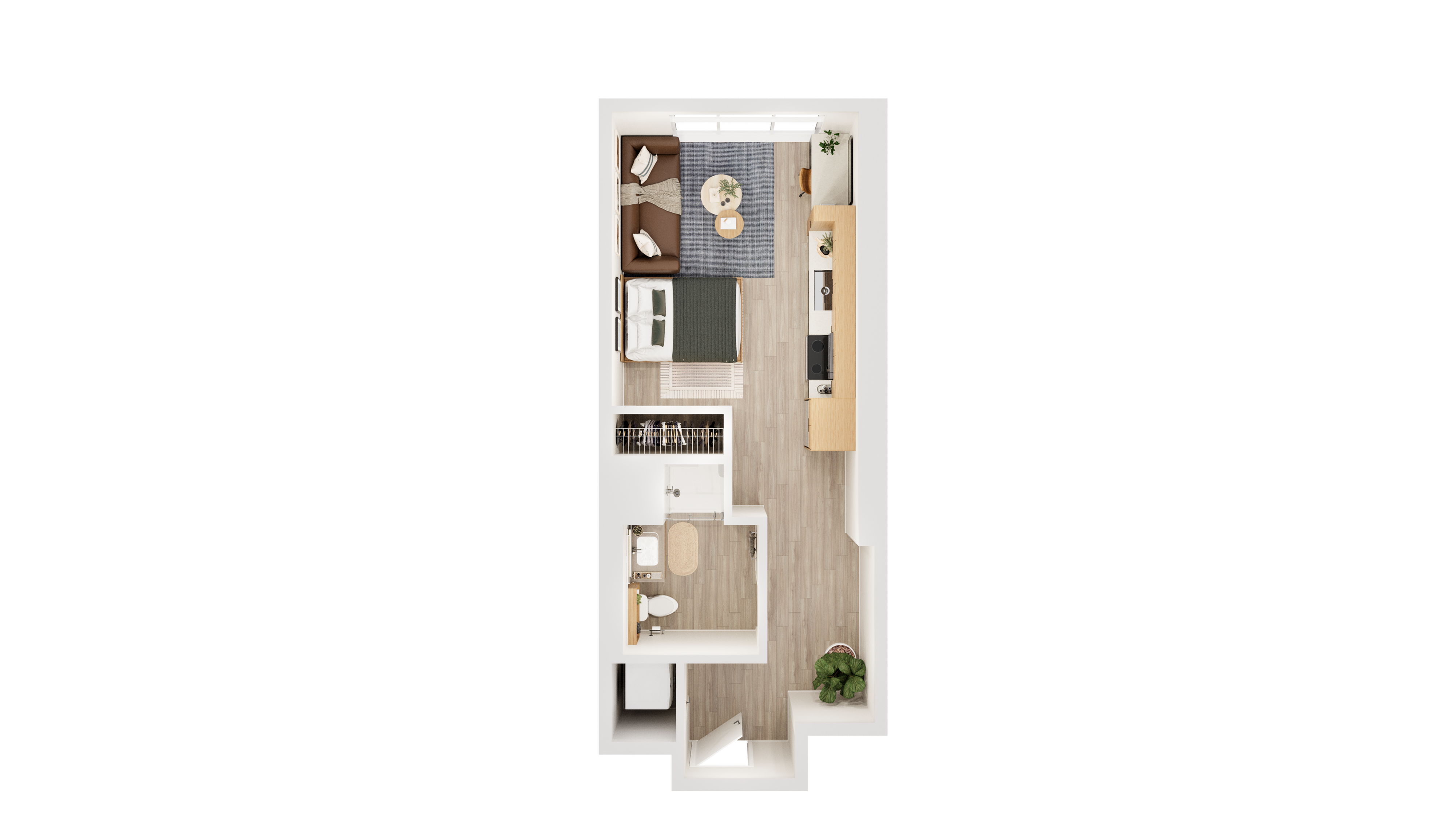 Chic and modern 3D floor plan with an open-concept living area, featuring one cozy bedroom, a stylish bathroom, and a sleek kitchen layout.