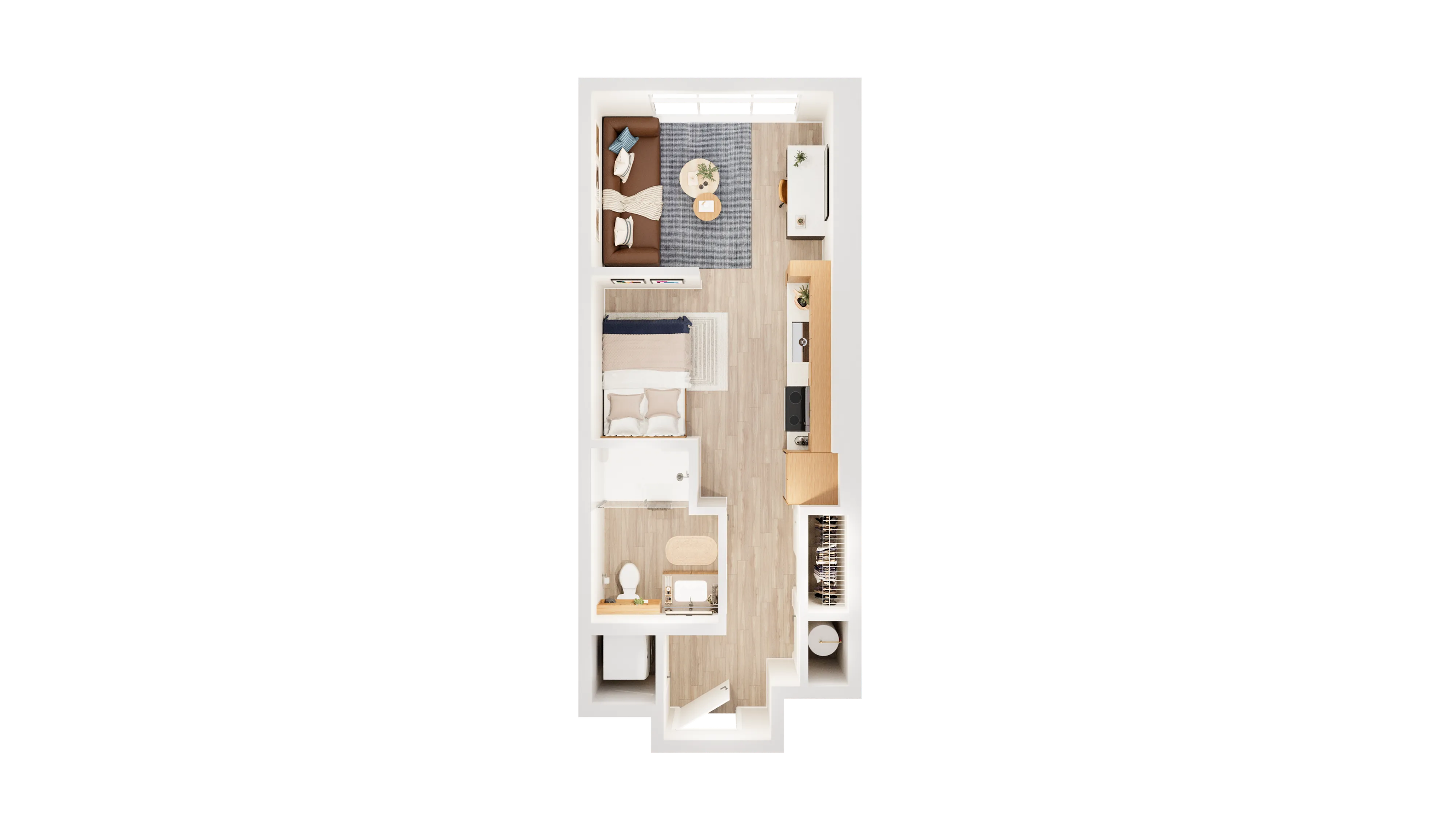 Charming studio apartment floor plan with stylish open-concept living area and modern kitchen.