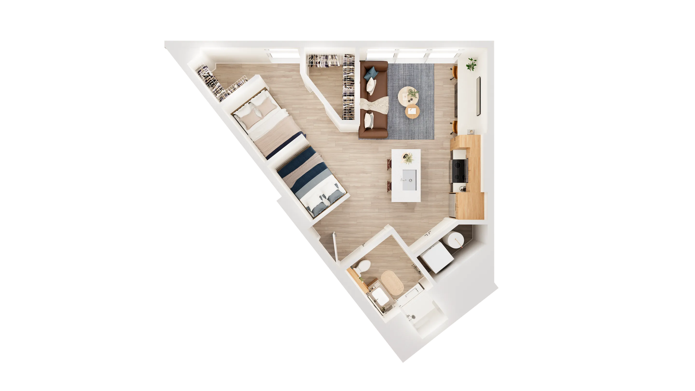 Chic open-concept floor plan showcasing a cozy living room, modern kitchen, and one-bedroom layout with ample natural light.
