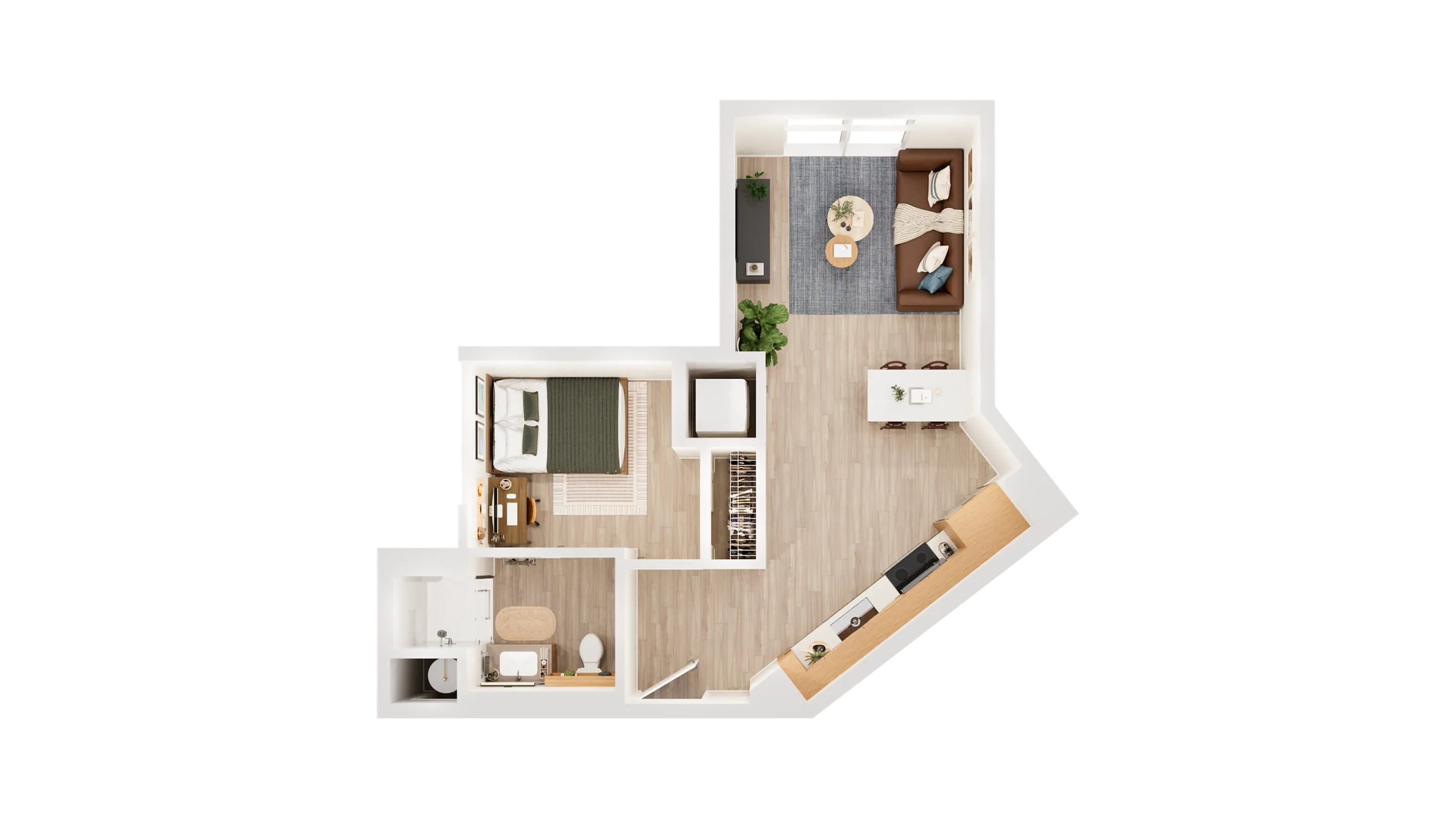 Modern 3D floor plan featuring 1 bedroom, open living area, and sleek kitchen with ample cabinetry.