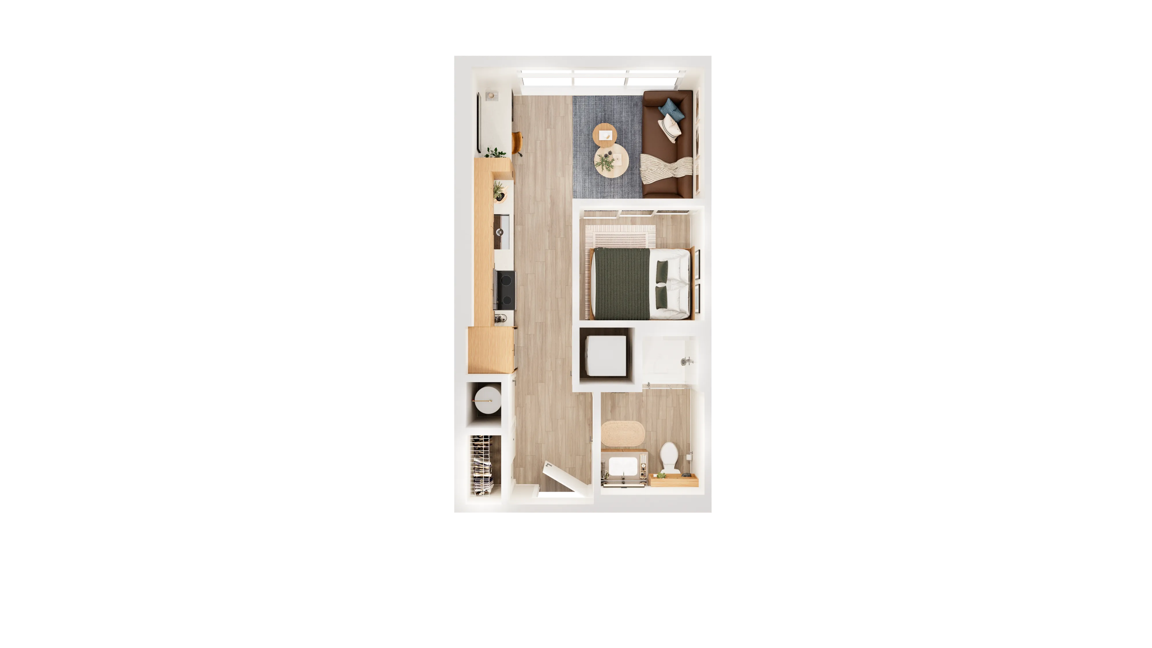 Contemporary 3D floor plan showcasing a cozy 1-bedroom apartment with an inviting living area, modern kitchen, and stylish bathroom.