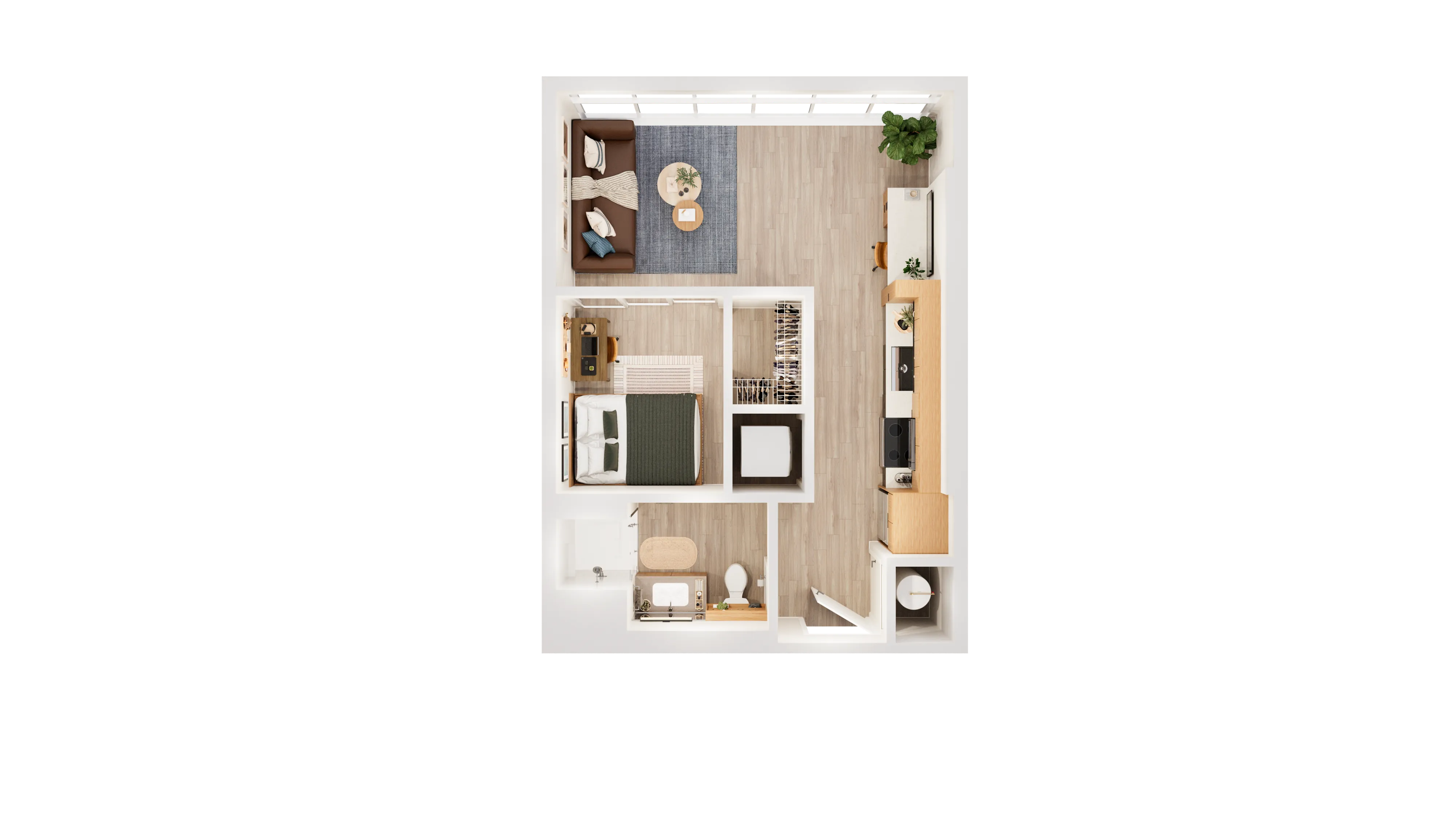 Modern floor plan showcasing a cozy 1-bedroom apartment with open living area, stylish kitchen, and convenient bathroom layout.