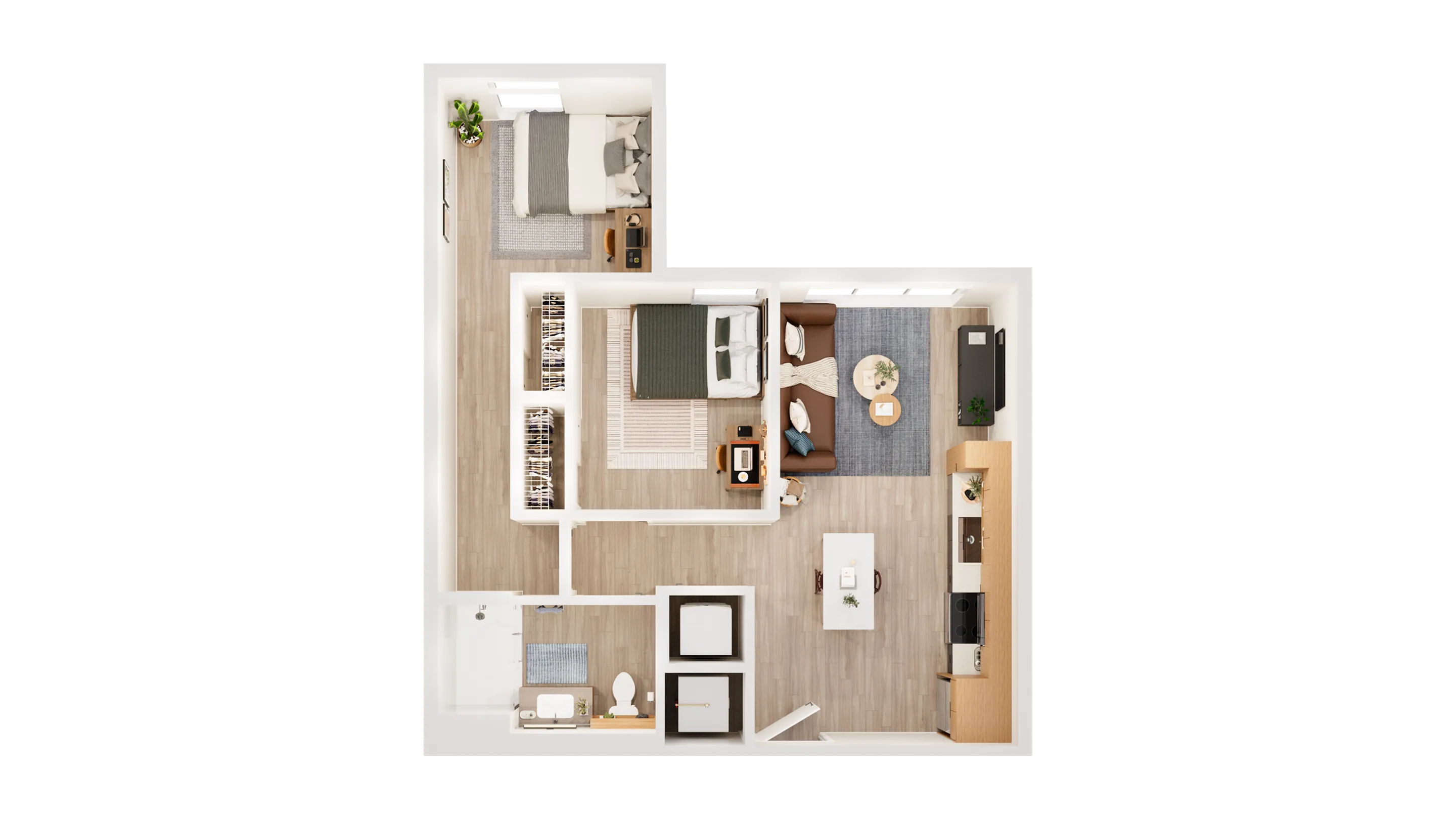 Charming 2D floor plan showcasing 2 bedrooms, a cozy living area, and an elegant kitchen with modern design.