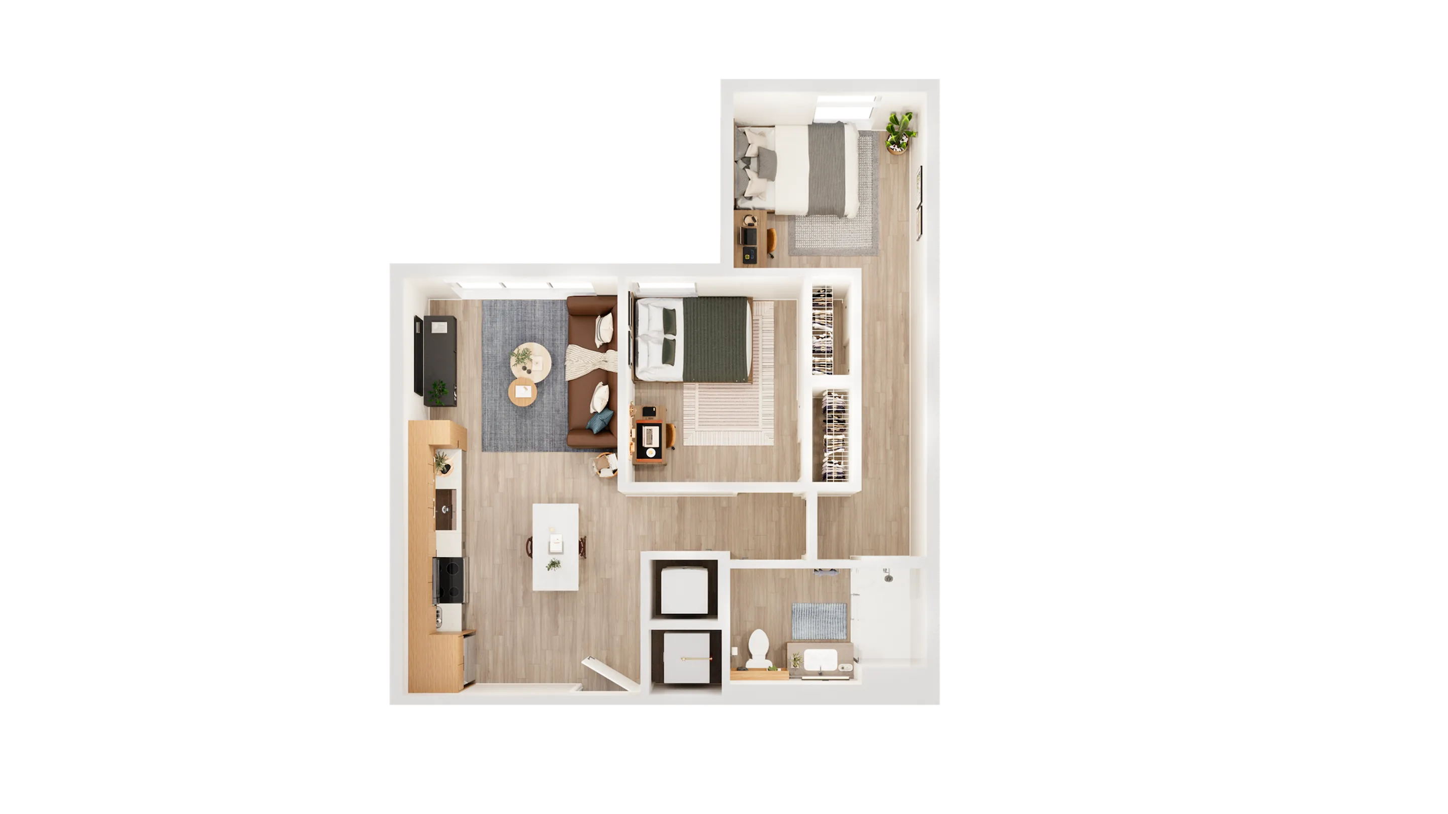 Modern L-shaped apartment floor plan featuring two cozy bedrooms, spacious living room, and contemporary kitchen with hardwood flooring.