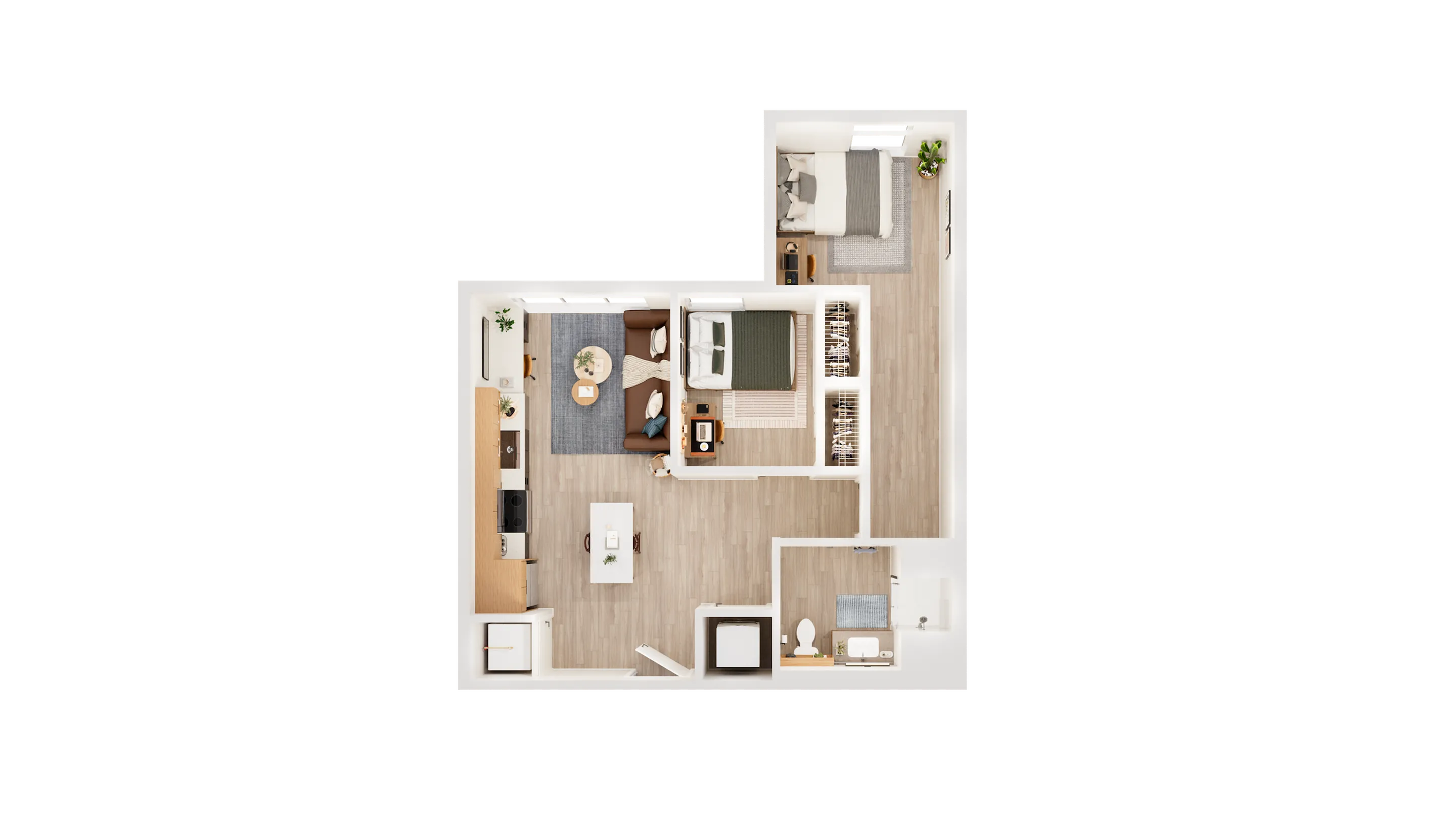 Elegant floor plan featuring 2 cozy bedrooms, a chic open-plan living and dining area, and a modern kitchen with sleek finishes.