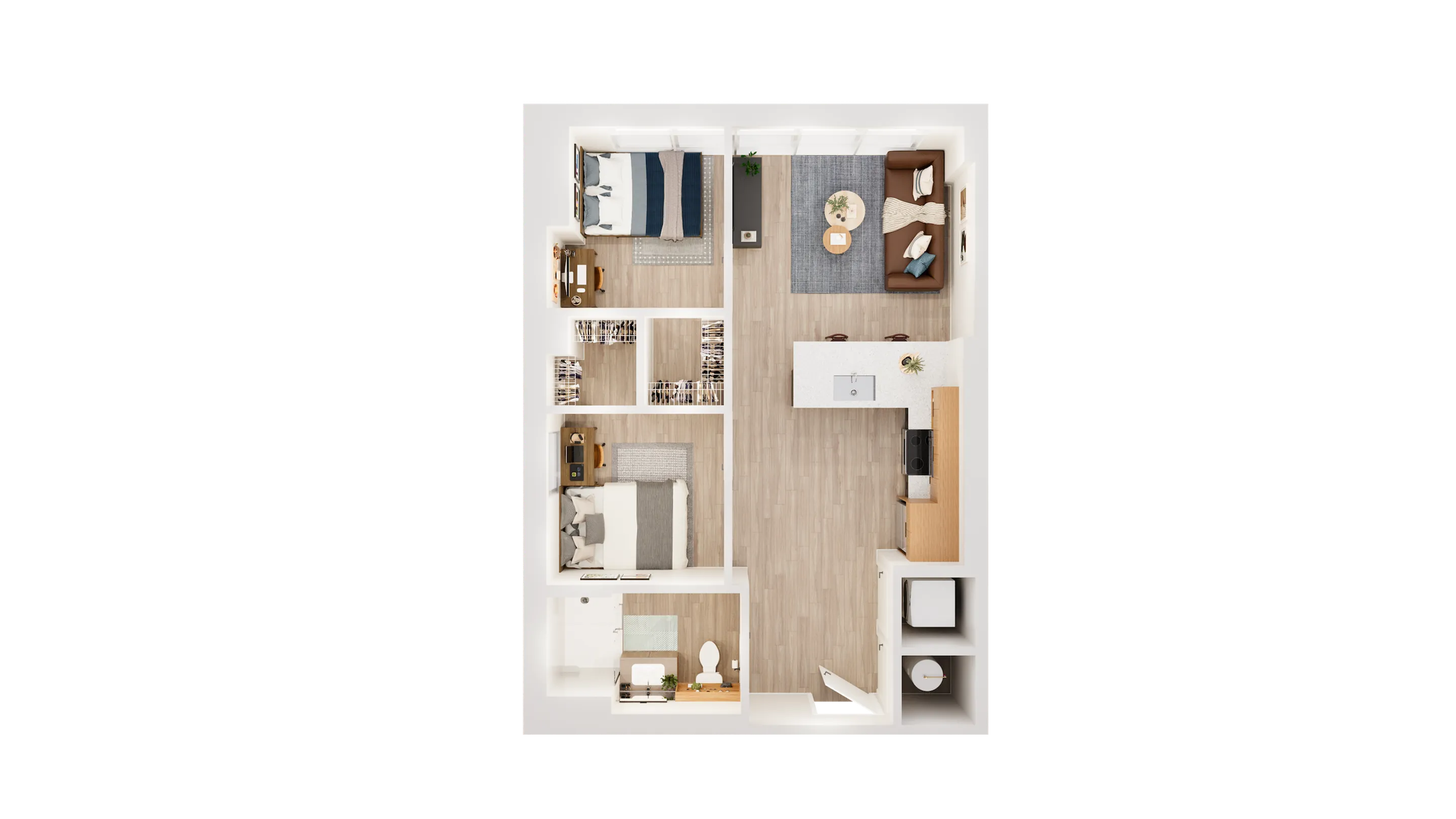 Inviting 2D floor plan showcasing a modern apartment with two cozy bedrooms, sleek open-plan kitchen, and elegant living area.