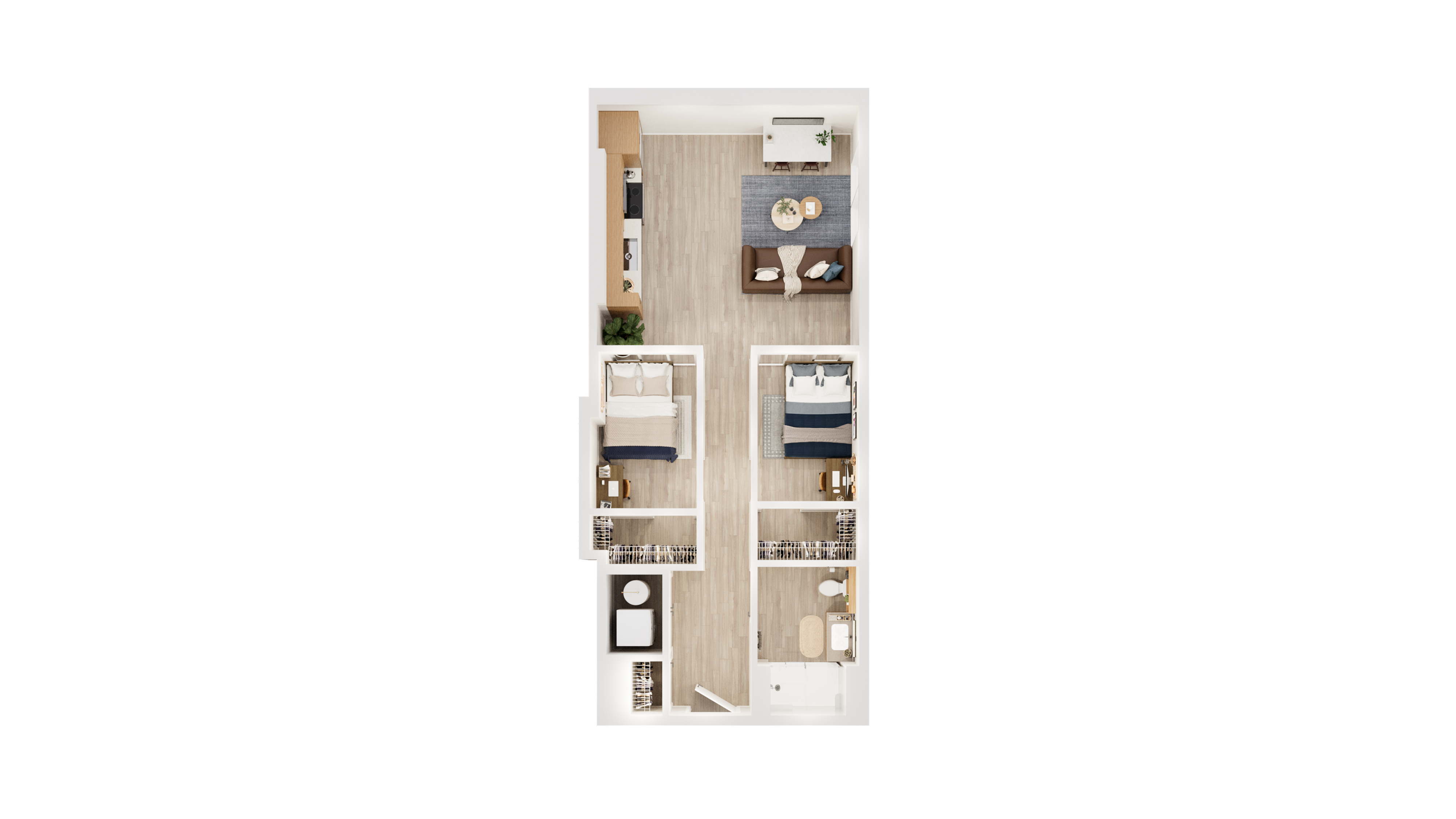 Modern 2D floor plan showcasing two cozy bedrooms, a sleek open-plan kitchen, and a welcoming living area with stylish furnishings.