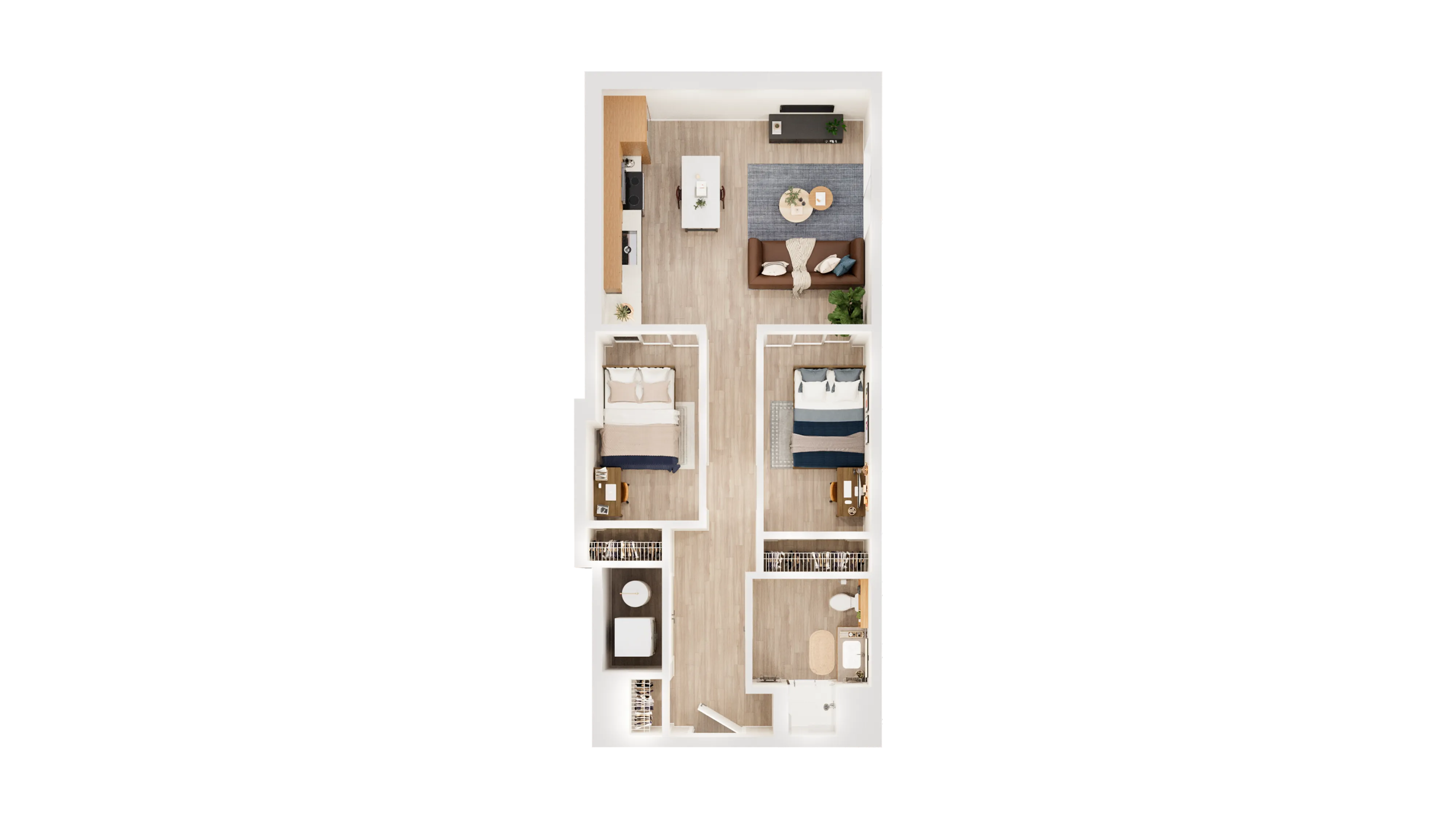 Inviting 3D floor plan with 2 cozy bedrooms, a spacious open-concept kitchen and living area, and stylish modern features.