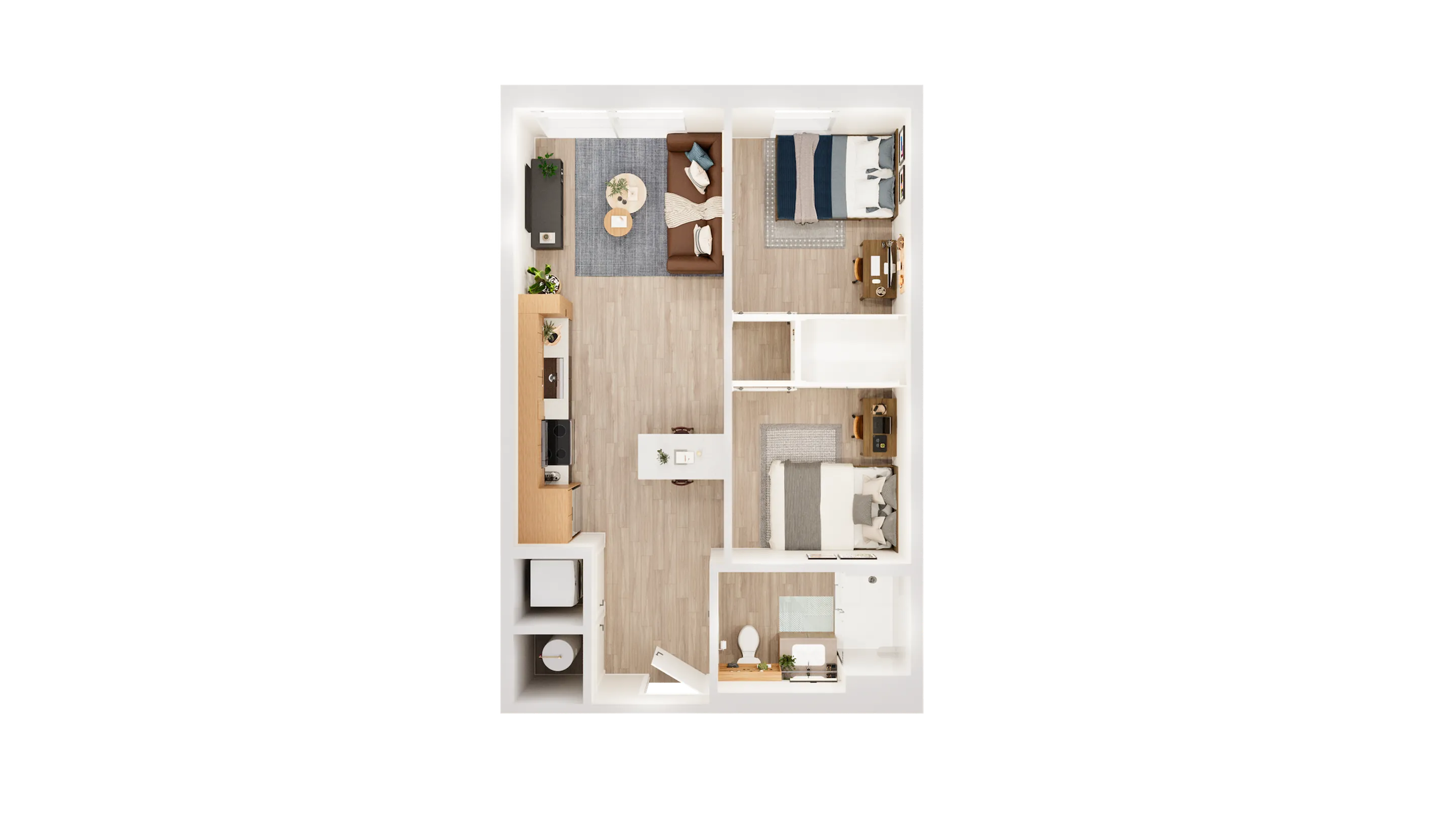 Modern 2D apartment floor plan featuring two cozy bedrooms, an inviting open-concept living area, a sleek kitchen with a central island, and a compact bathroom, all beautifully designed for efficient living.