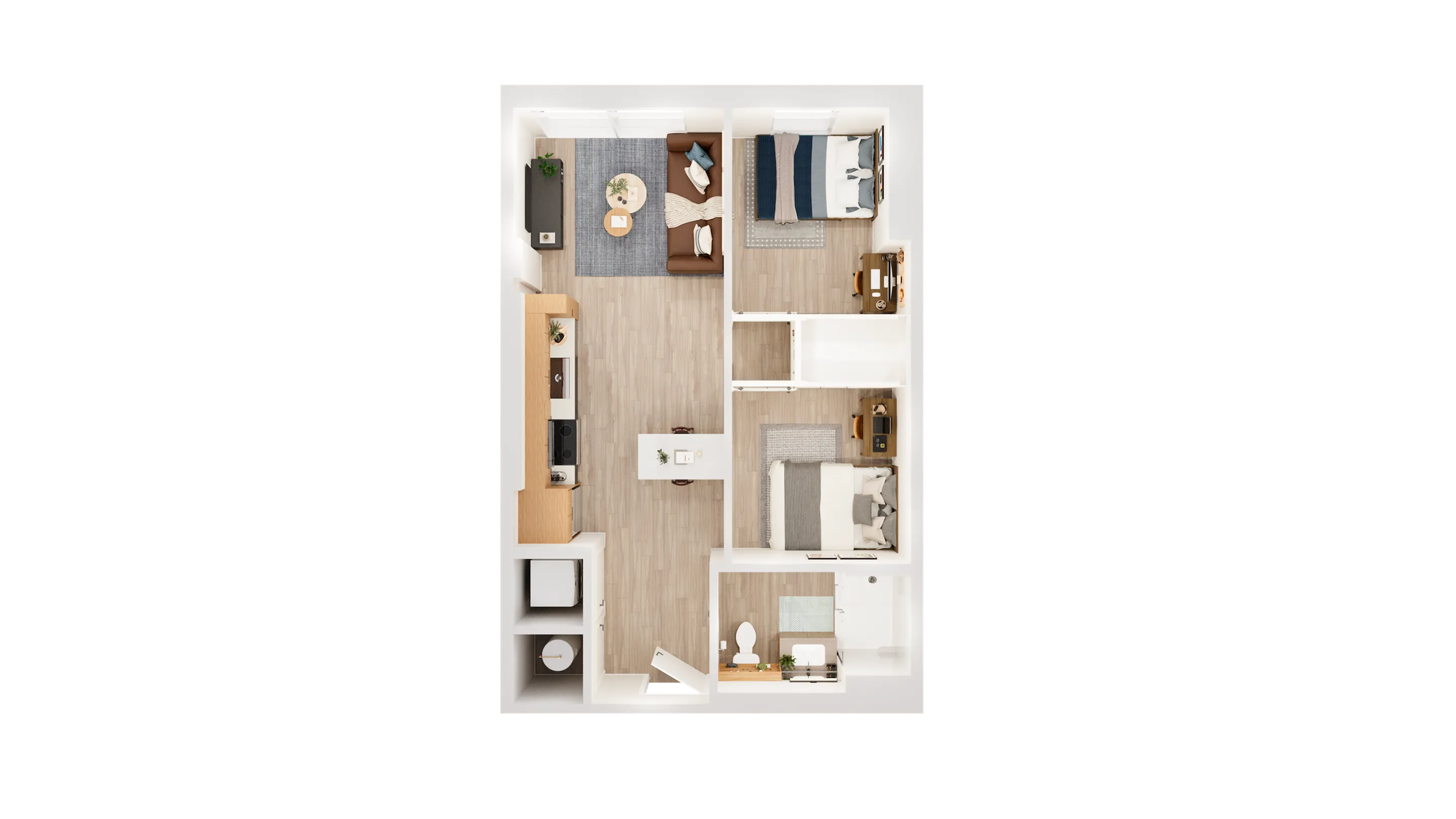 Elegant and efficient apartment floor plan featuring two cozy bedrooms, an open living area, and a modern kitchen with sleek finishes.