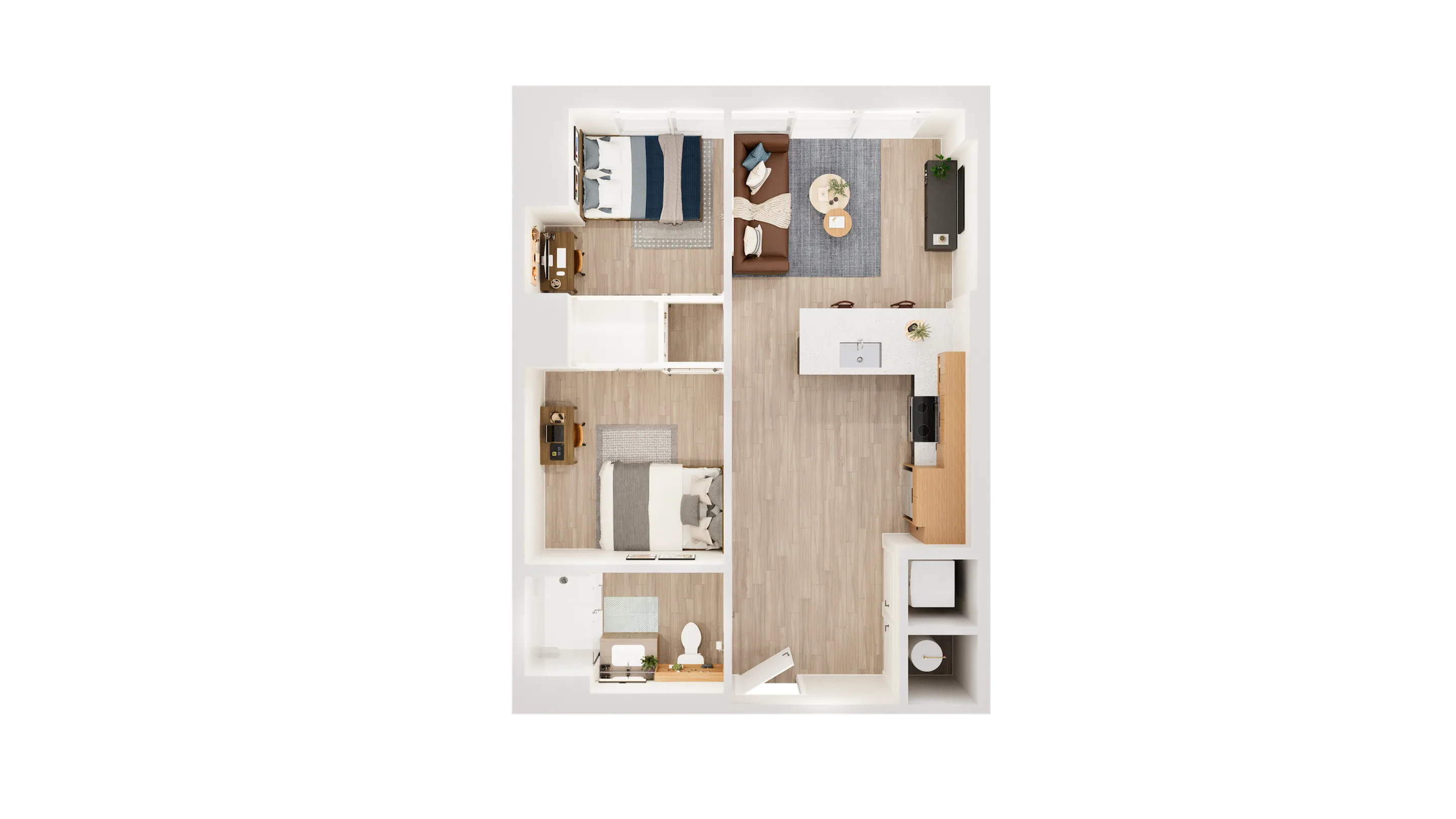 Modern apartment floor plan featuring two cozy bedrooms, an open-concept living and dining area, sleek kitchen with island, and a stylish bathroom.