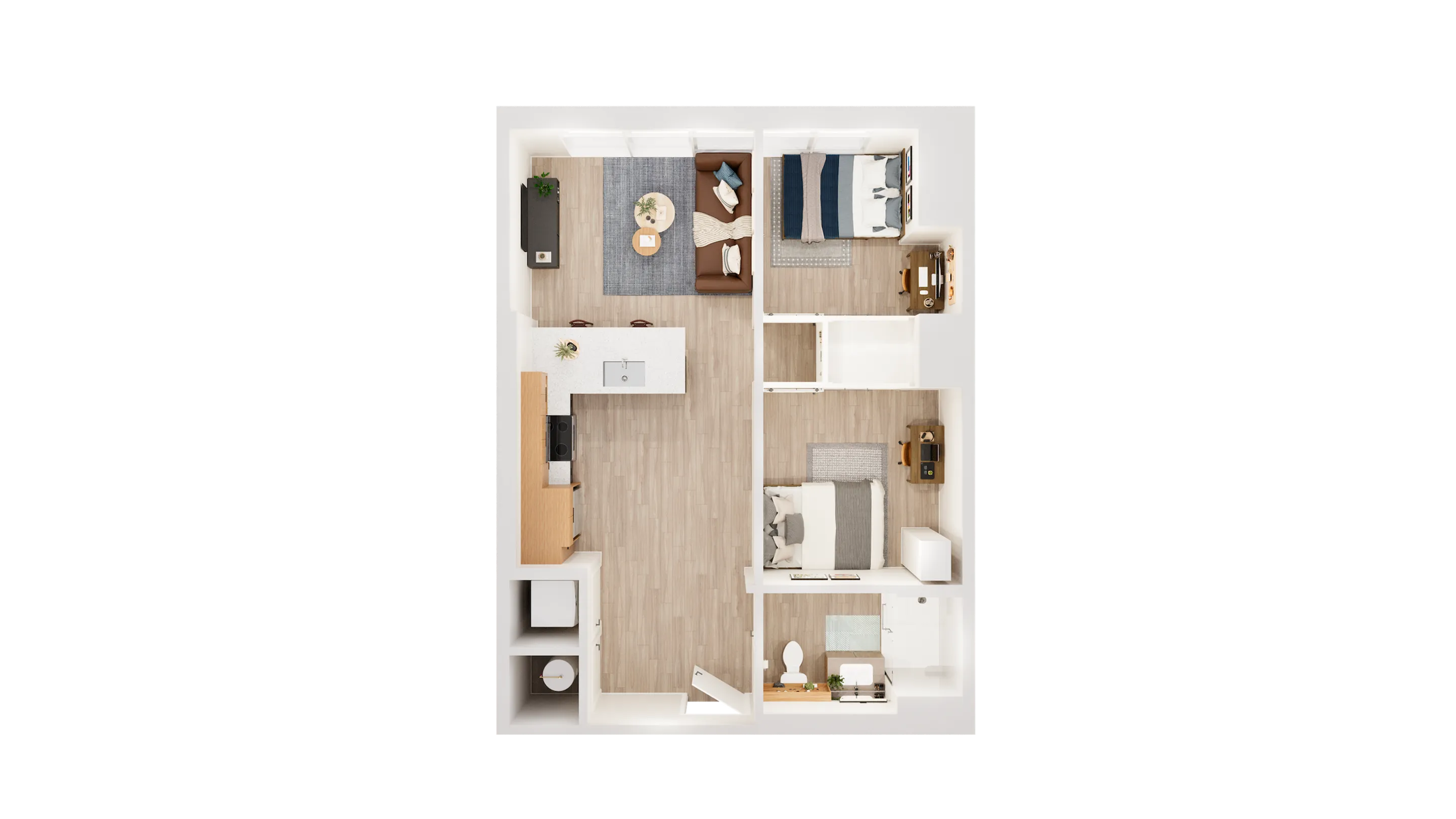 Modern floor plan featuring two bedrooms, a spacious living room, and a sleek, open-concept kitchen with hardwood floors.