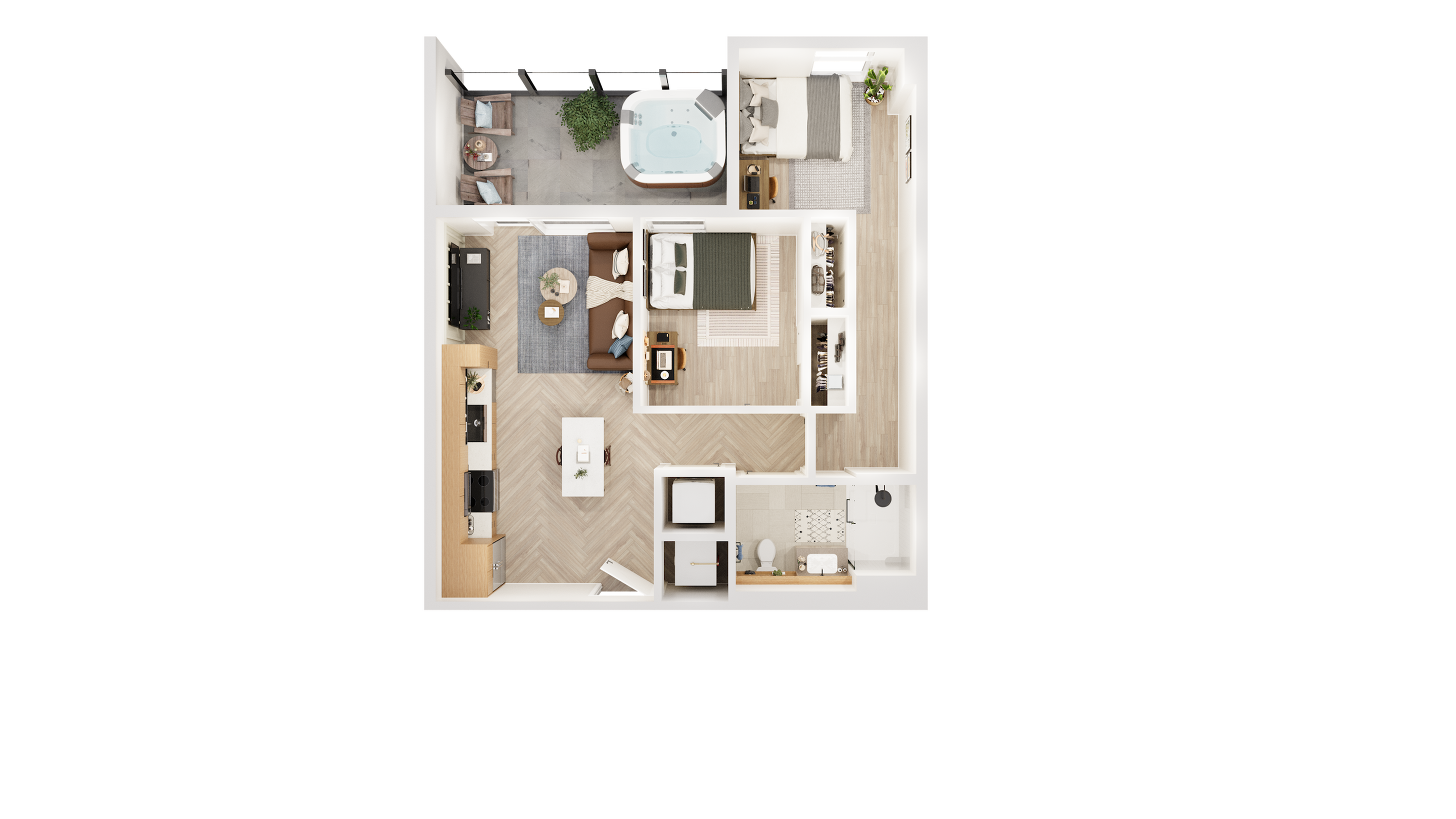 Elegant 3D floor plan showcasing two bedrooms, open living and dining area, modern kitchen, and luxurious patio with hot tub.