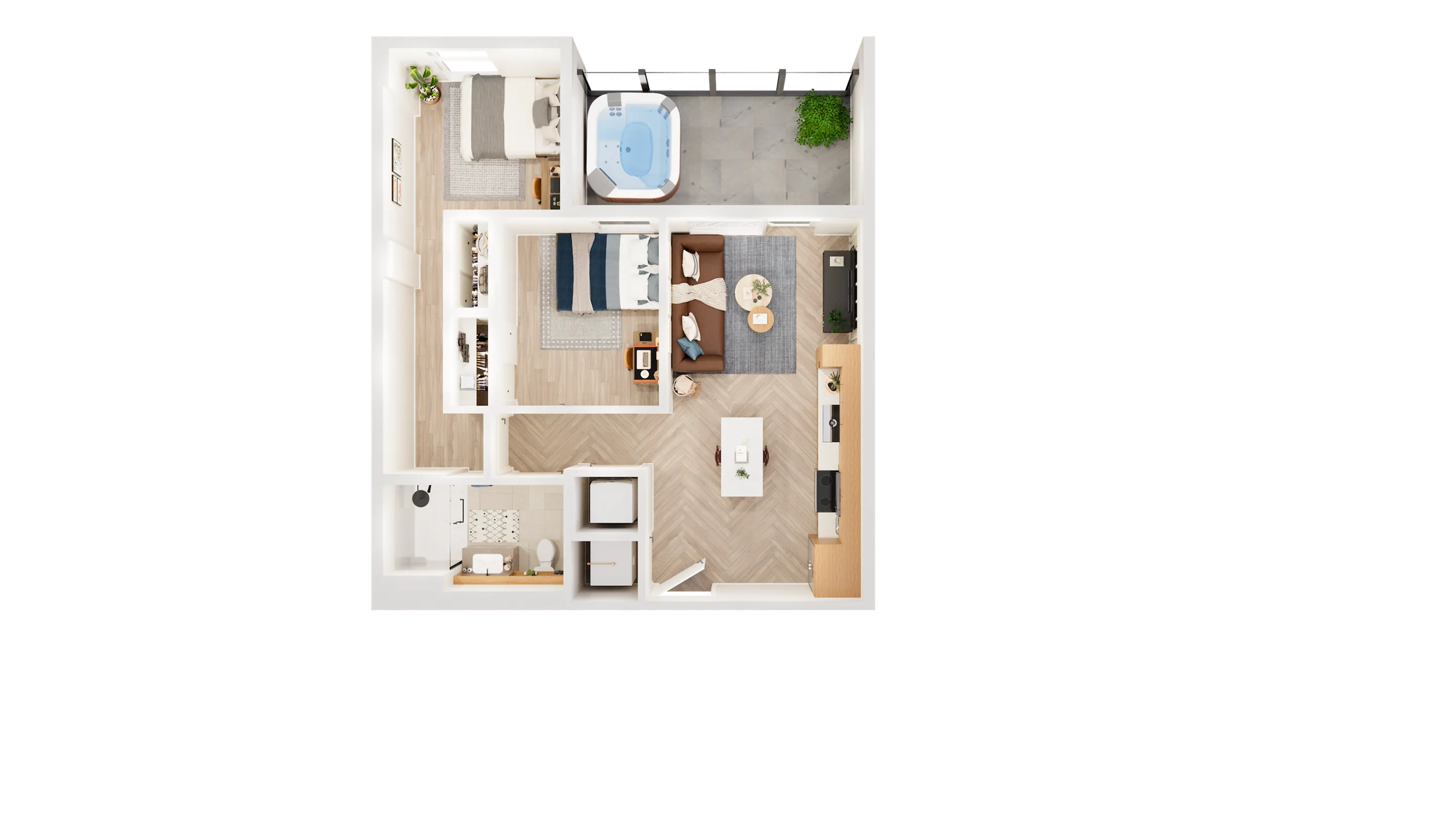 Modern apartment 3D floor plan showcasing 2 bedrooms, open living area, elegant kitchen, and chic balcony with a hot tub.