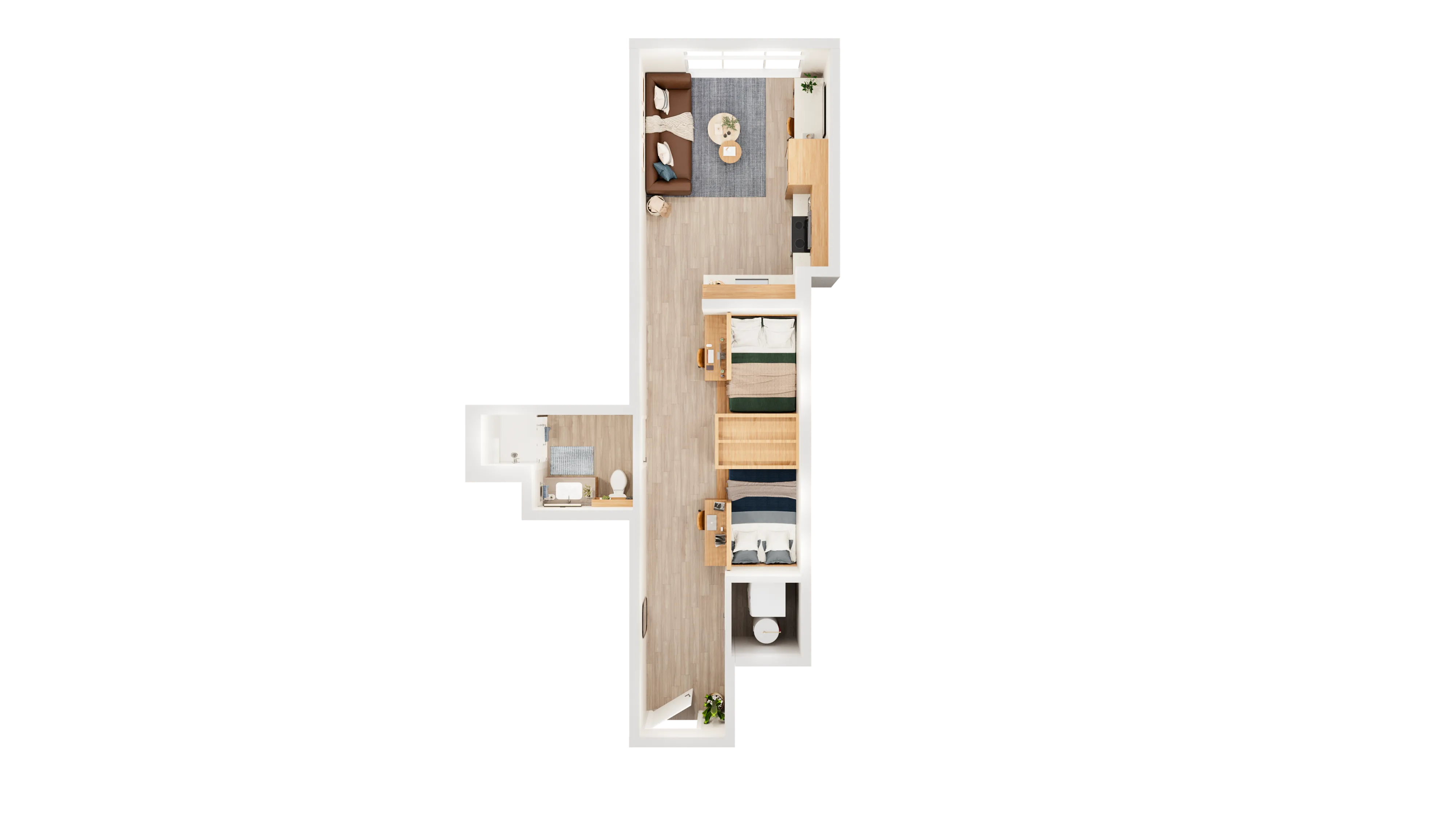 Elegant floor plan showcasing a modern apartment with a cozy living room, two stylishly furnished bedrooms, and a well-appointed bathroom.