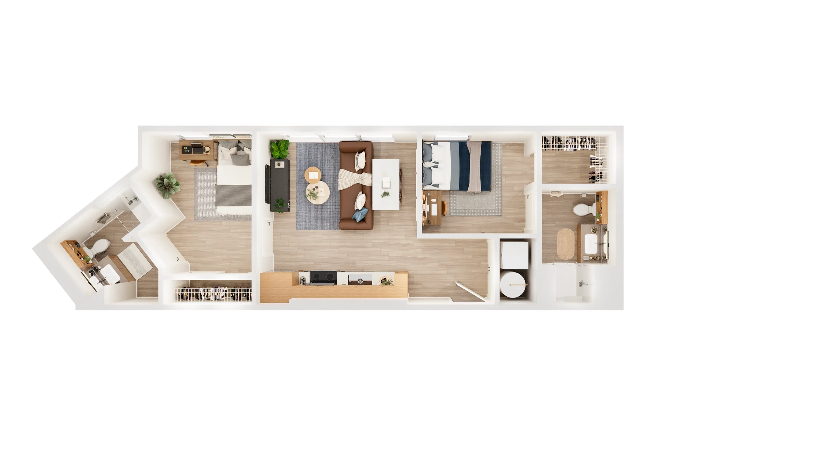 Contemporary floor plan featuring 2 bedrooms, spacious living room, modern kitchen, and stylish bathrooms.