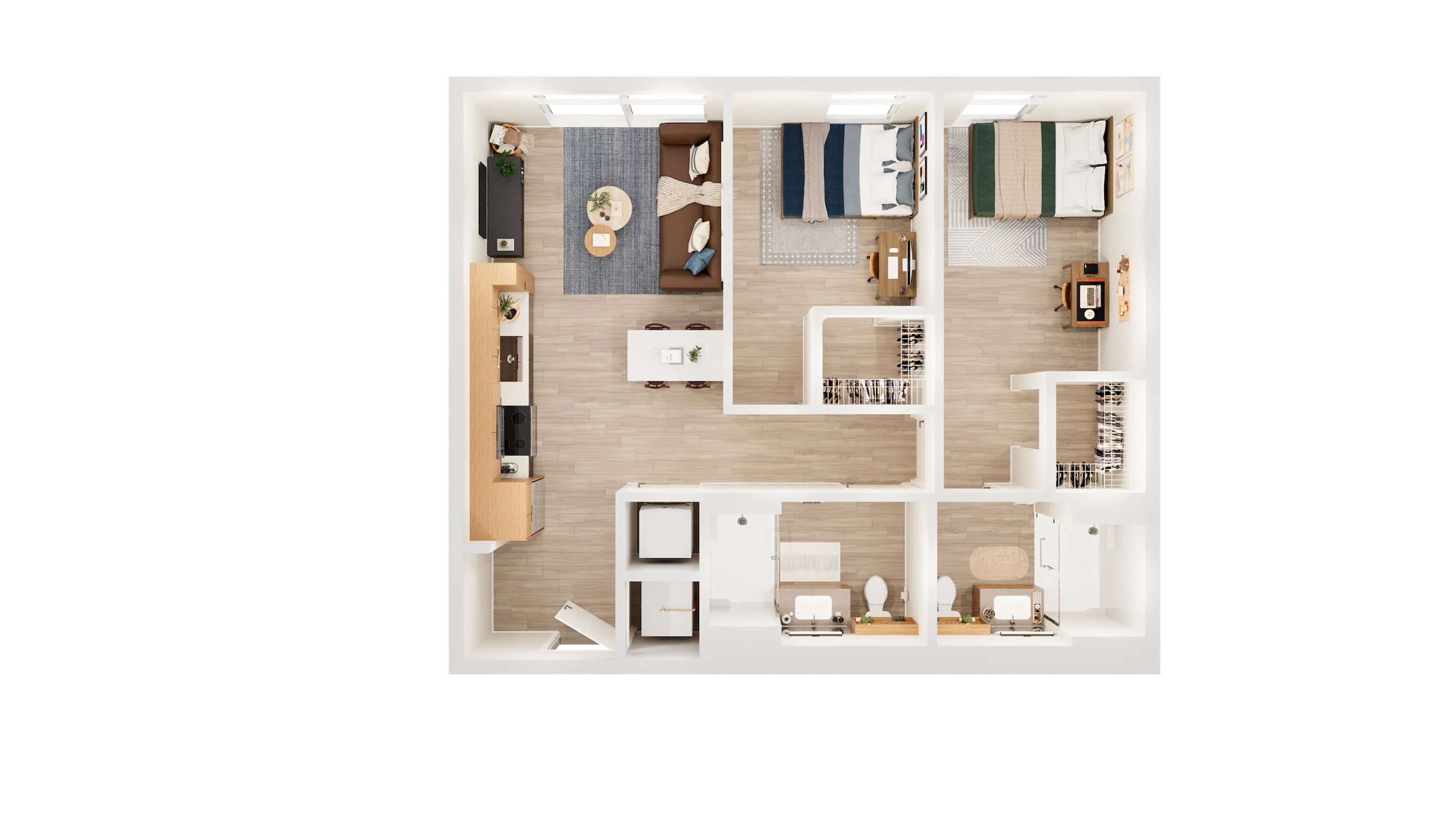 Modern apartment floor plan showcasing 2 bedrooms, an elegant open kitchen, cozy living area, and dual bathrooms.