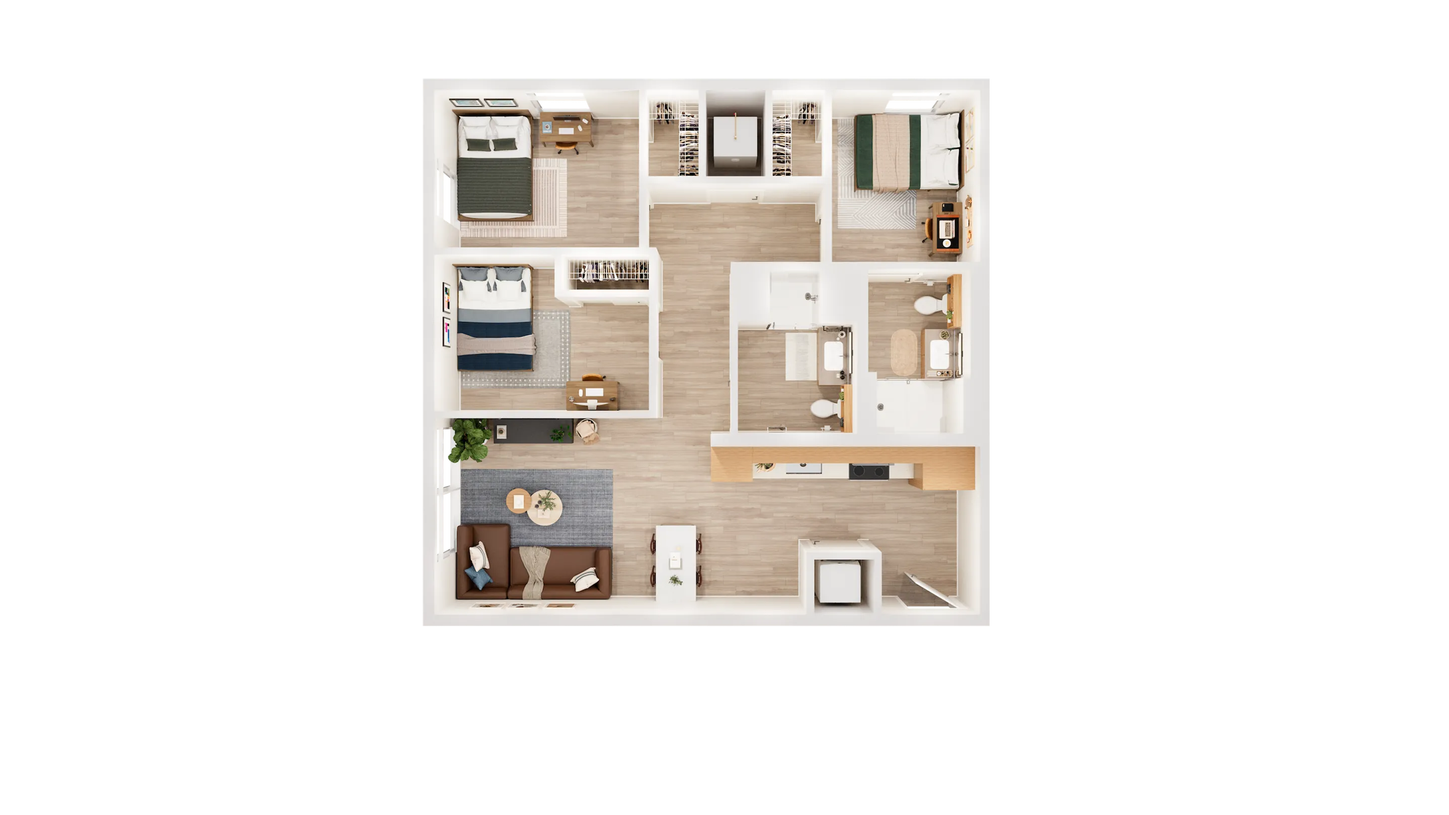 Chic 3D floor plan featuring three bedrooms, elegant open living space, modern kitchen with island, and stylish interiors.