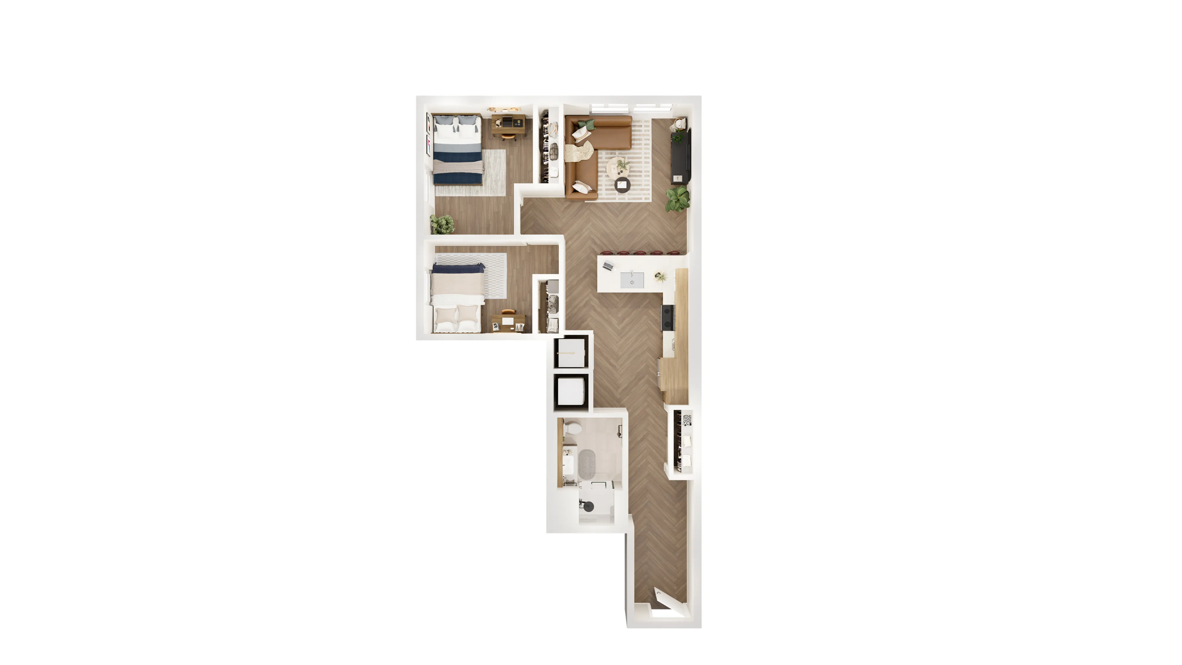 Elegant floor plan showcasing two cozy bedrooms, a modern open-concept kitchen, and a spacious living room, all with stylish wooden flooring.