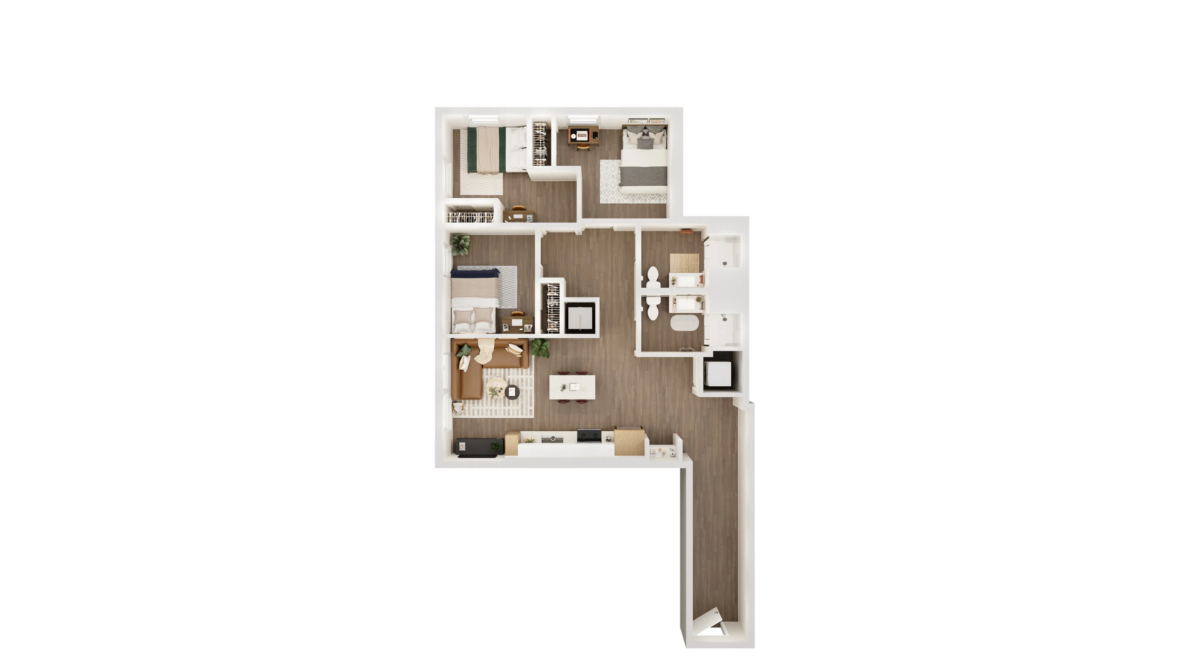 Contemporary 3D floor plan showcasing 3 bedrooms, an open kitchen with island, spacious living area, and two modern bathrooms.