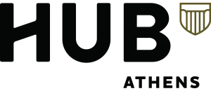 Modern HUB Athens logo featuring bold lettering and a sleek emblem, embodying contemporary sophistication.
