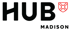 Modern and sleek 'HUB Madison' logo featuring bold black text and a red geometric emblem.