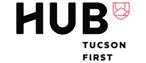 Bold and modern HUB Tucson First logo featuring sleek black typography with a stylish pink emblem.