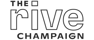 Modern logo design for The Rive Champaign, featuring bold typography and a sleek line element.