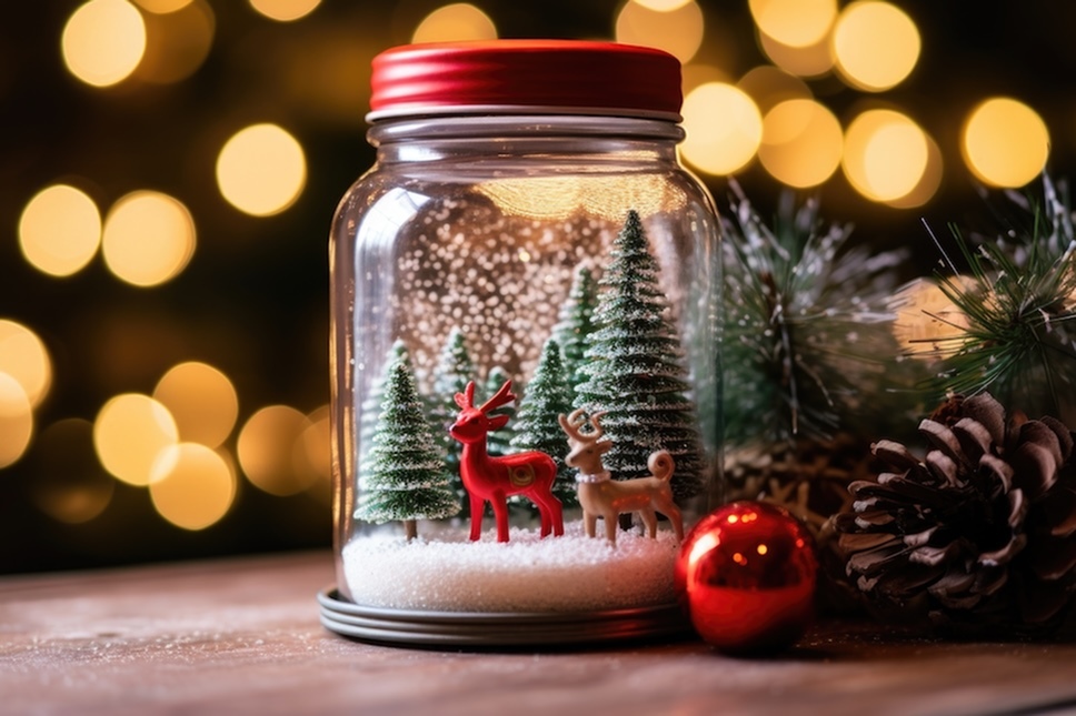 Picture of a snow globe with Christmas trees and deer 