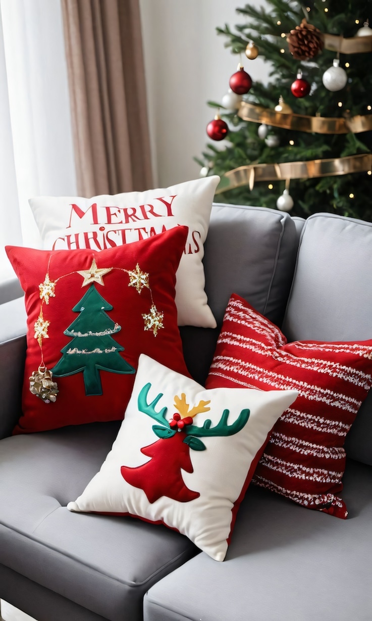 Picture of Christmas throw pillows on couch