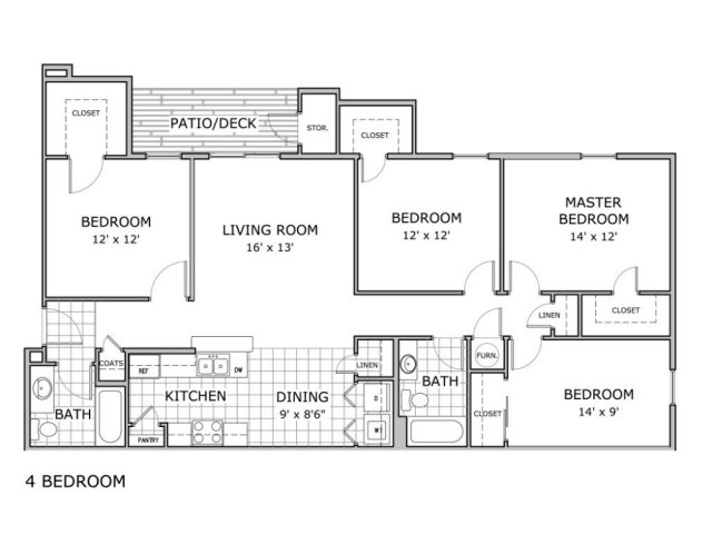 Floor plan image of 4 bedroom apartment in phase 2 building at Battlefield Park Apartments
