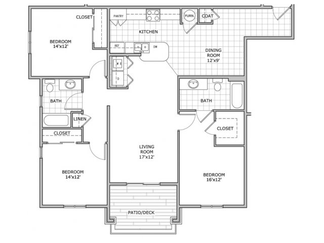 floor plan image of a furnished 3 bedroom apartment home