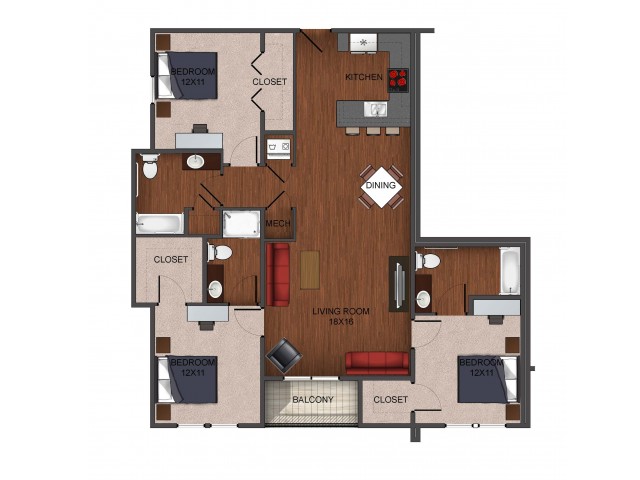 3 bedroom deluxe furnished floor plan at Township 28