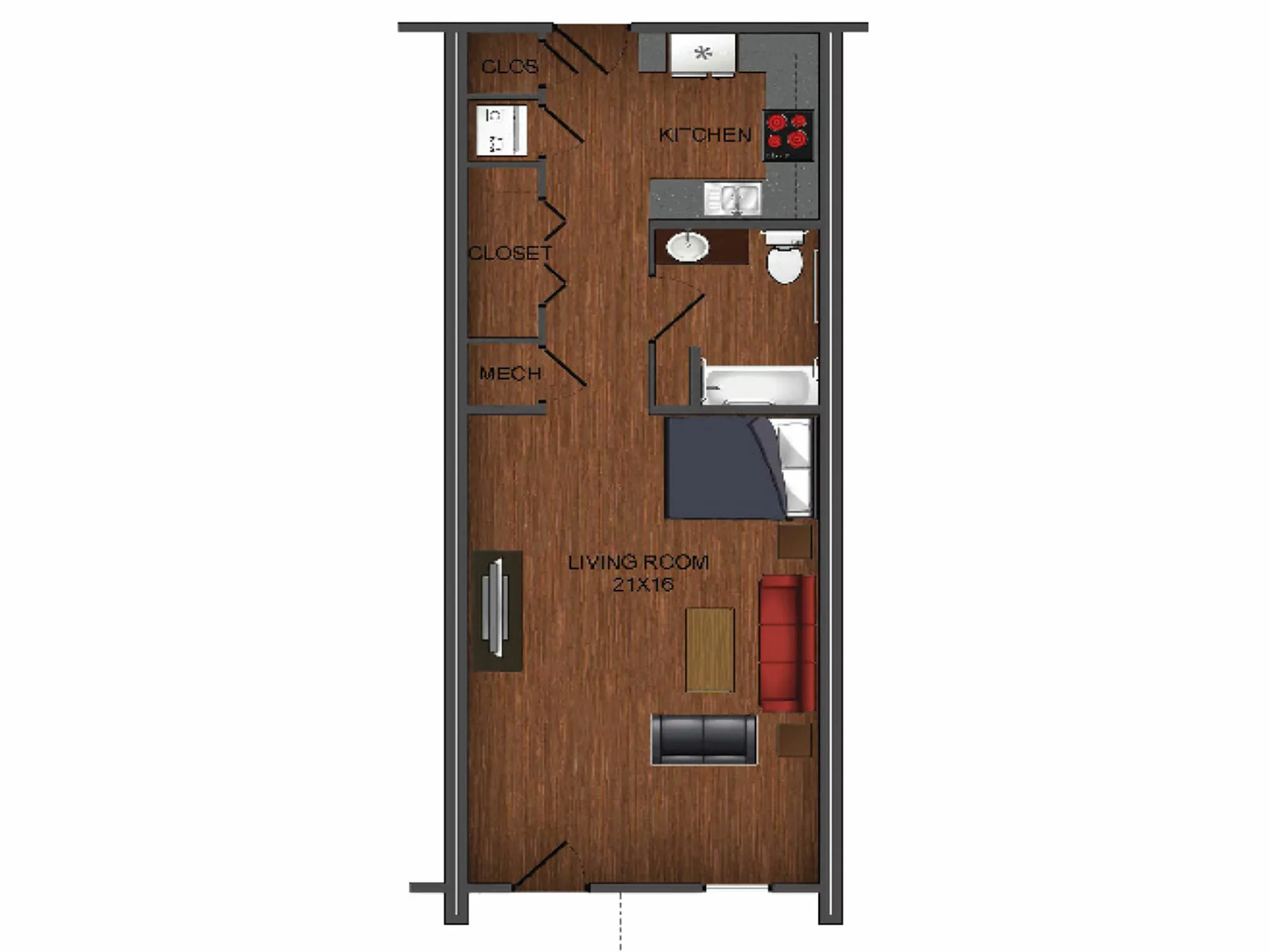 Studio apartment home floor plan at Township 28