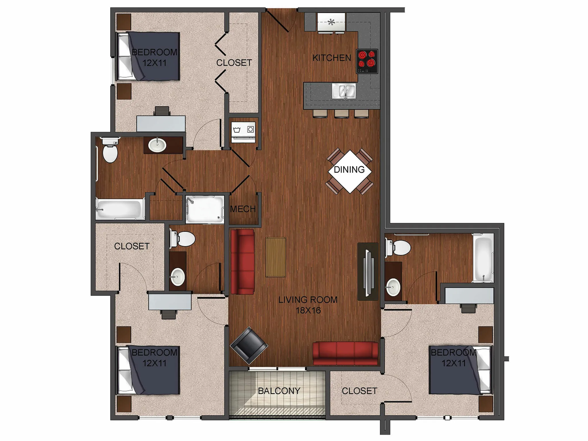3 bedroom deluxe furnished floor plan at Township 28