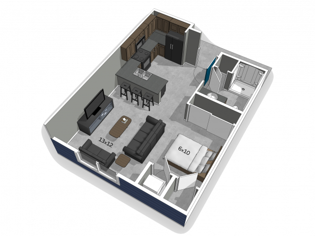 The Falcon studio apartment floor plan with polished concrete flooring
