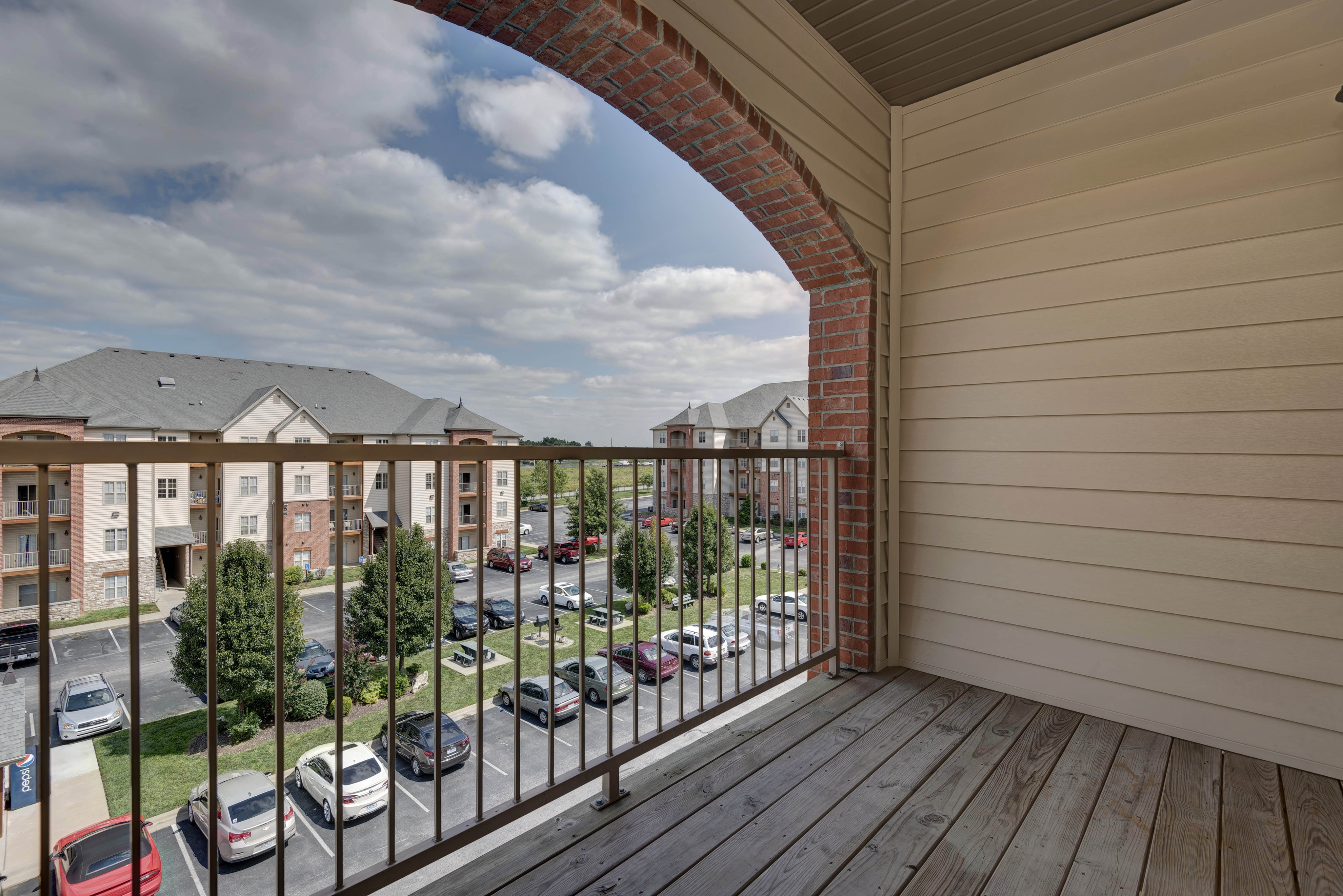 Coryell Courts balcony overlooking the apartment community