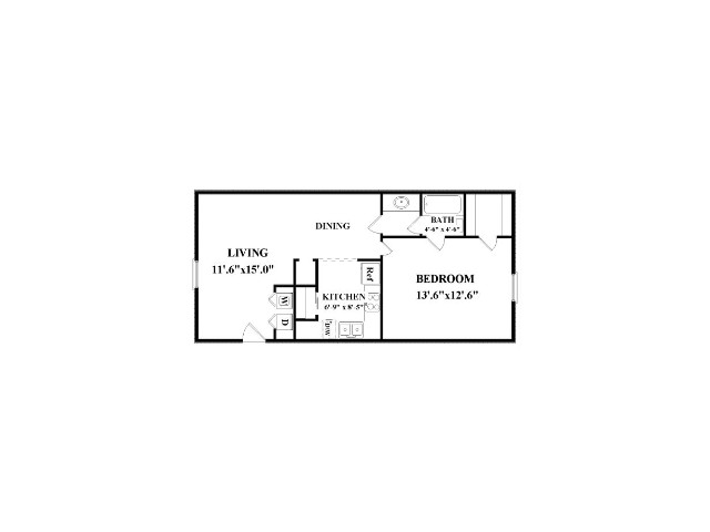 One bedroom, one bathroom.  Not all have washer/dryer connections.  Actual layout might be slightly different than floorplan shown.