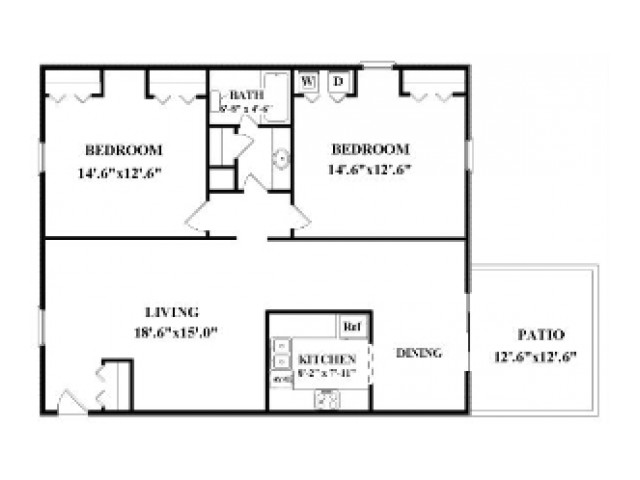 Two bedroom, one bathroom.  Not all have washer/dryer connections or patio/balcony. Actual layout may be slightly different than floorplan shown.